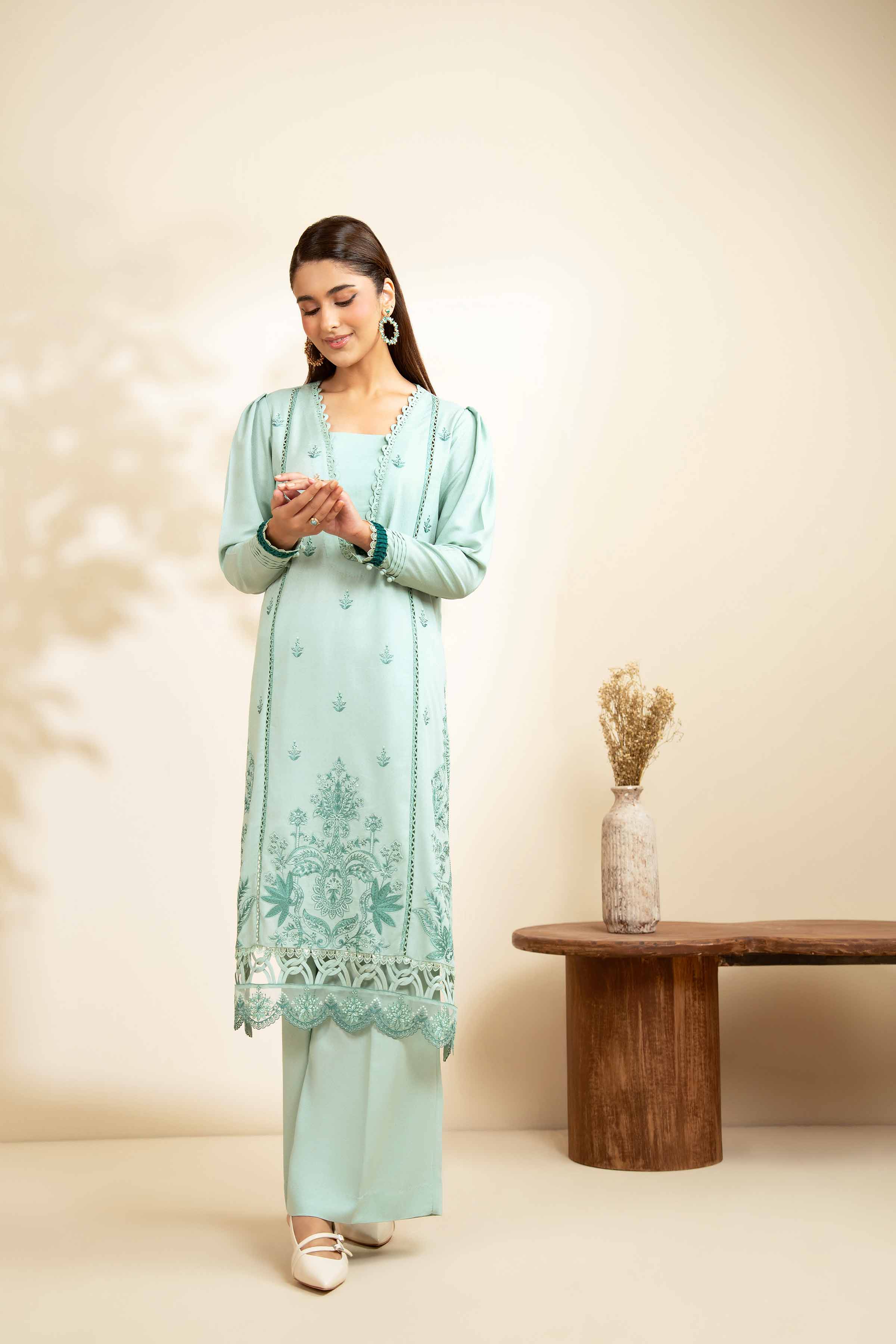 NISHATUAE - Mint Green & Blue Embroidered Karandi 2-piece Unstitched Dress
