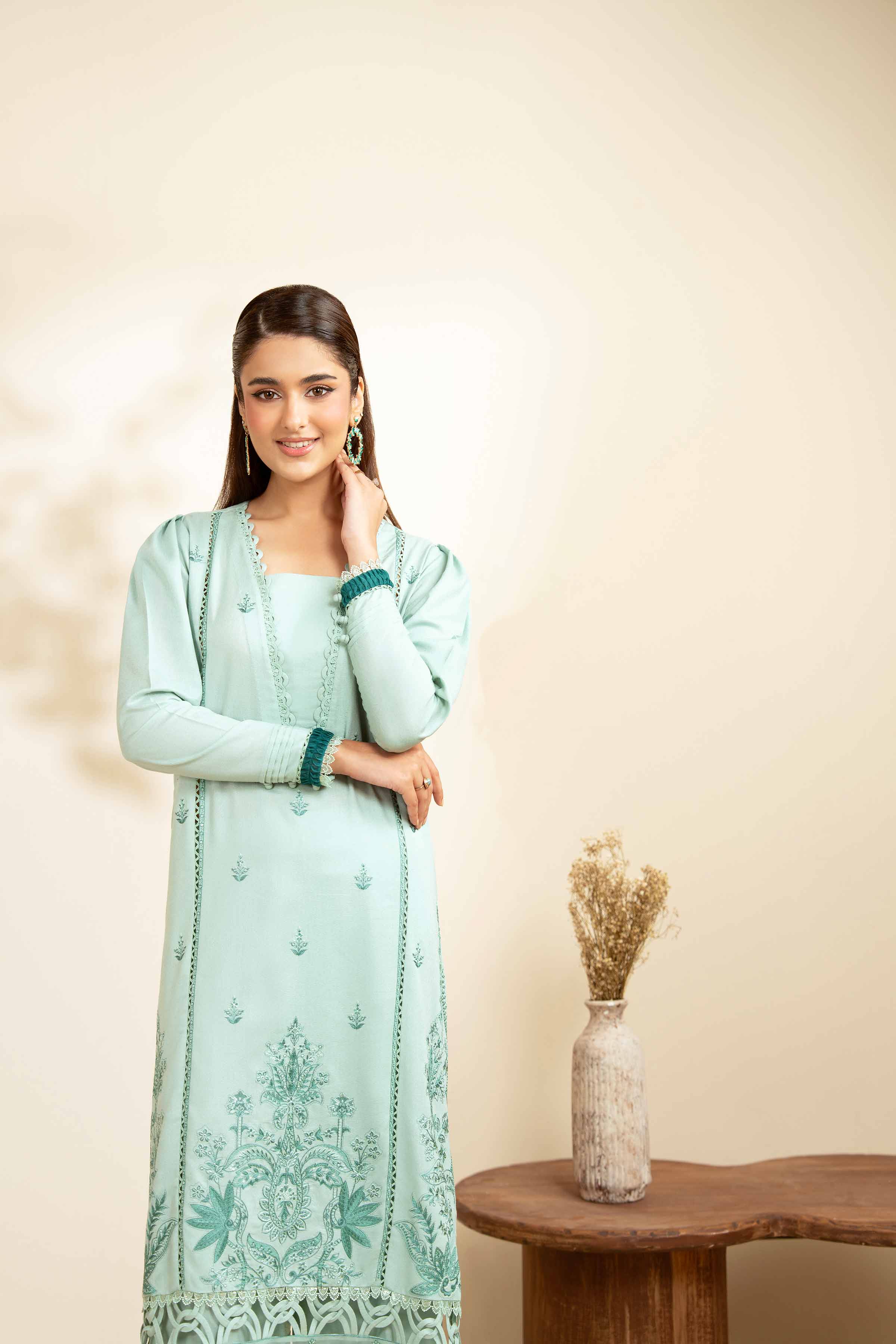 NISHATUAE - Mint Green & Blue Embroidered Karandi 2-piece Unstitched Dress