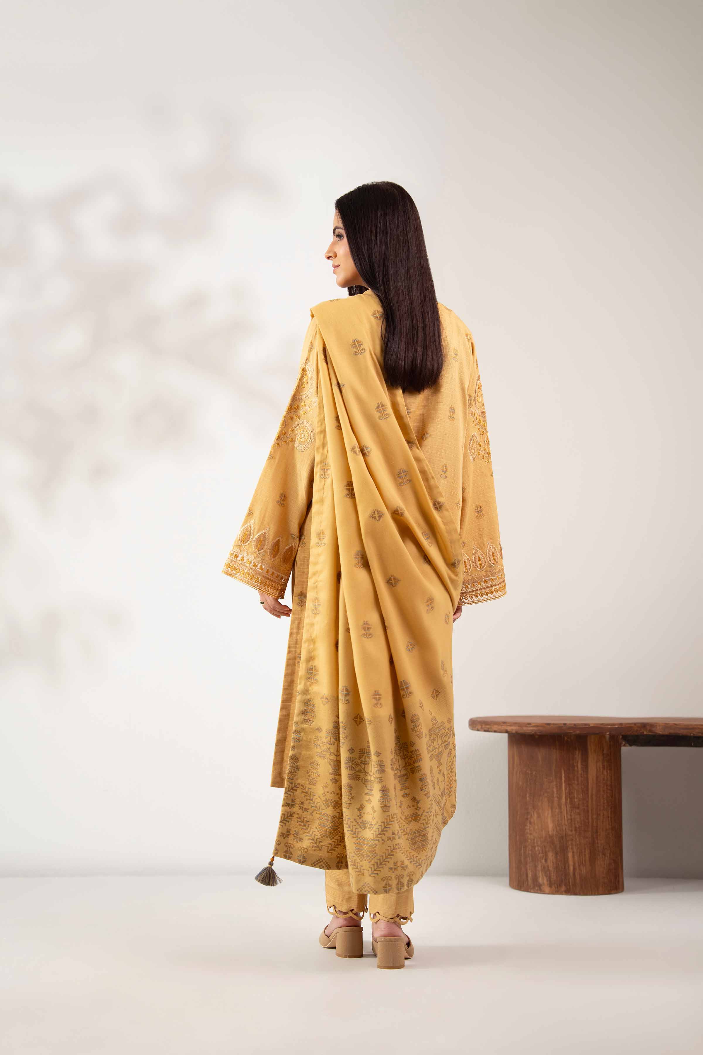 NISHATUAE - Mustard Embroidered Khaddar 3-piece Unstitched Suit