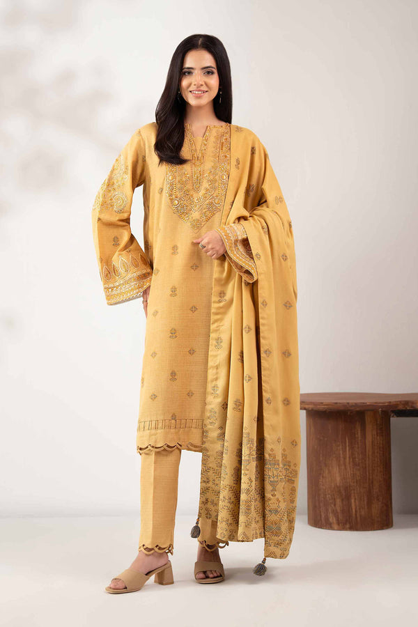 NISHATUAE - Mustard Embroidered Khaddar 3-piece Unstitched Suit