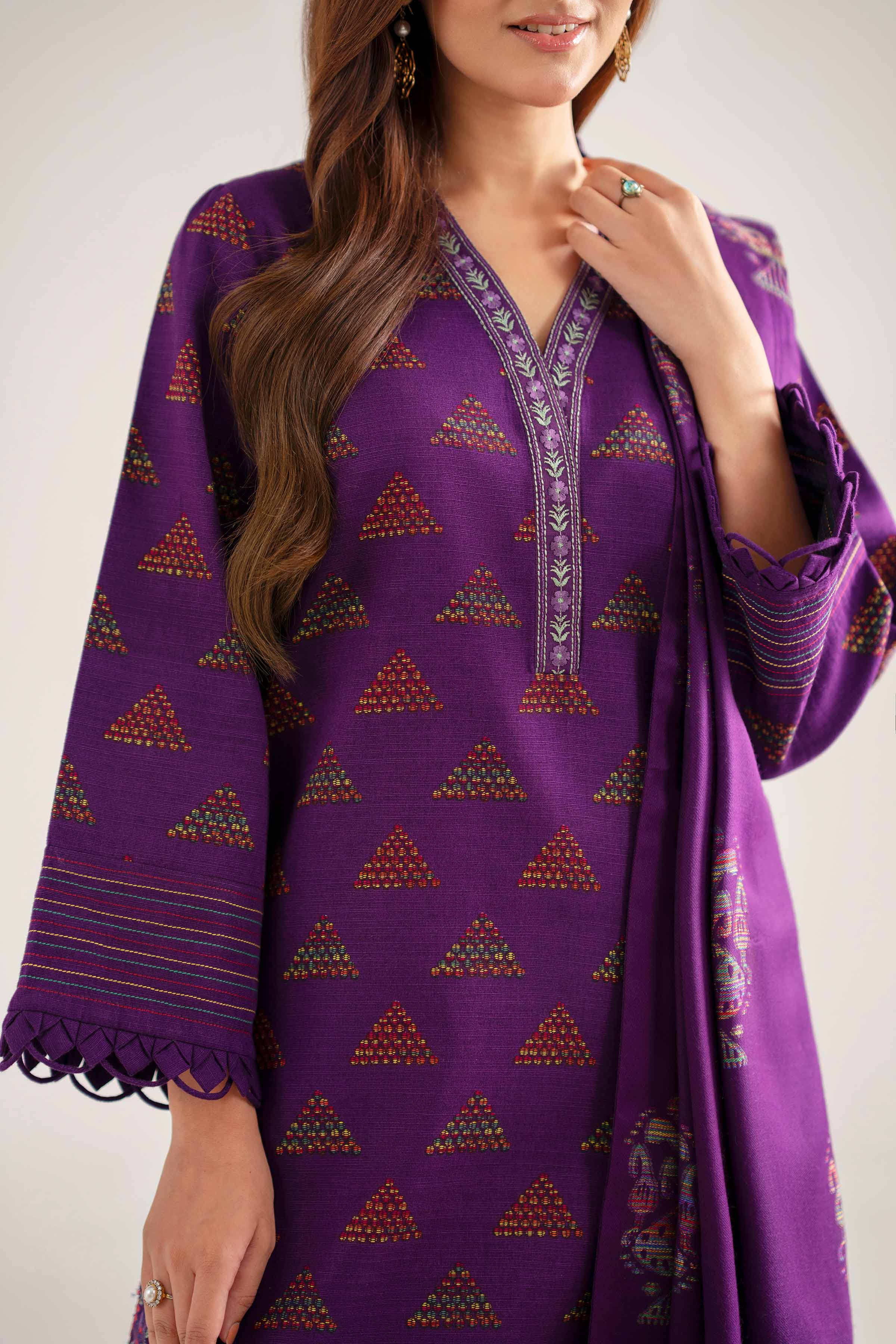 NISHATUAE - Purple Embroidered Khaddar 3-piece Unstitched Suit