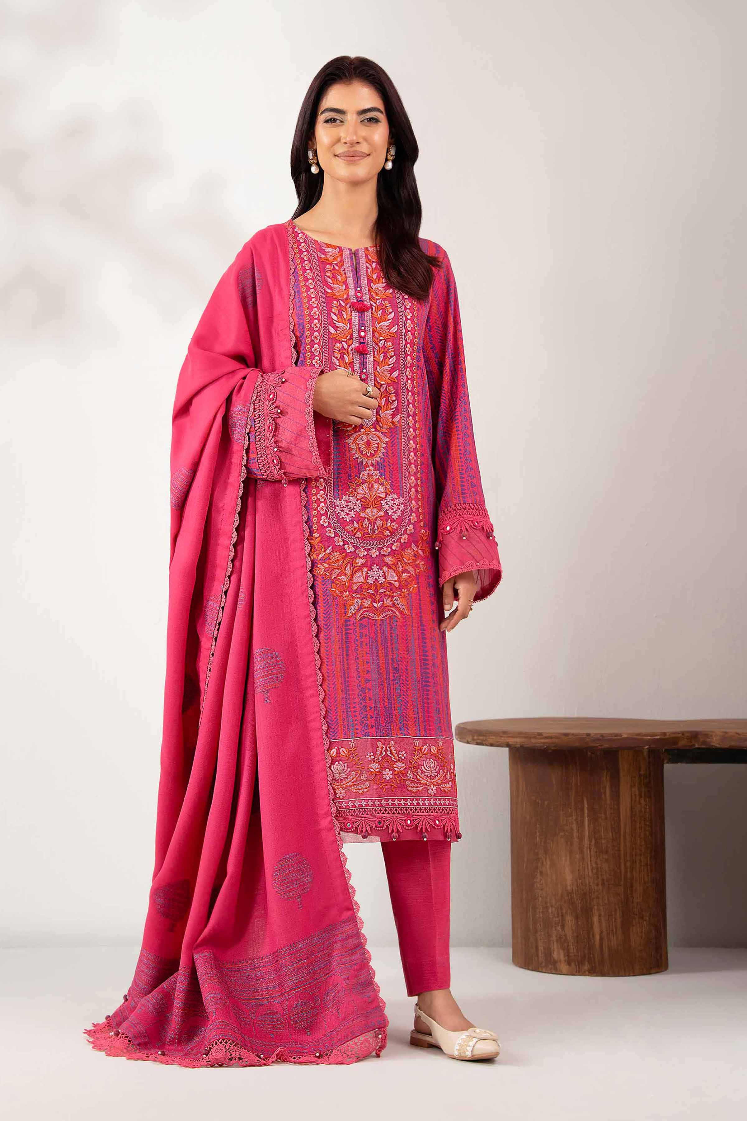 NISHATUAE - Pink Embroidered Khaddar 3-piece Unstitched Suit