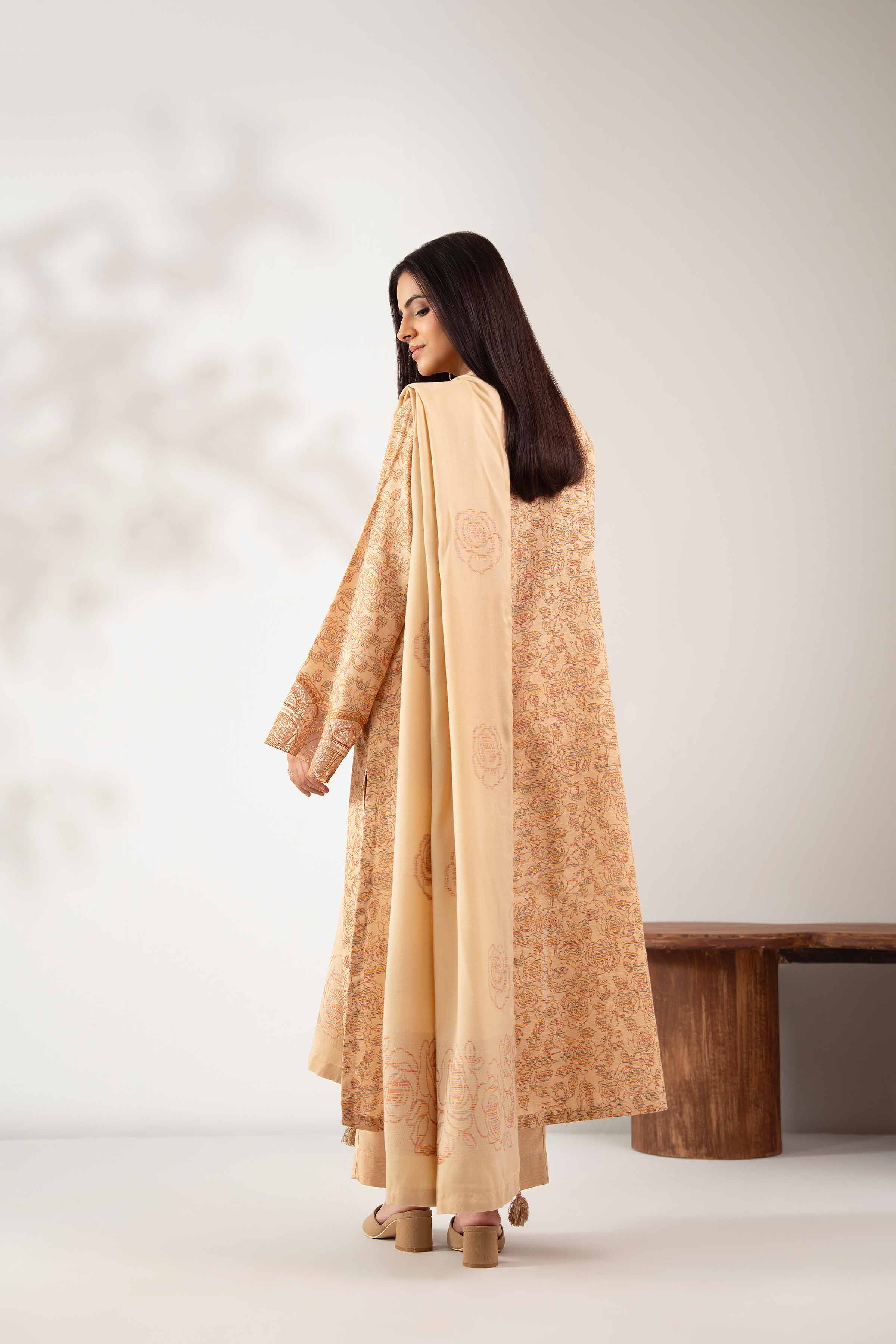 NISHATUAE - Beige Embroidered Khaddar 3-piece Unstitched Suit