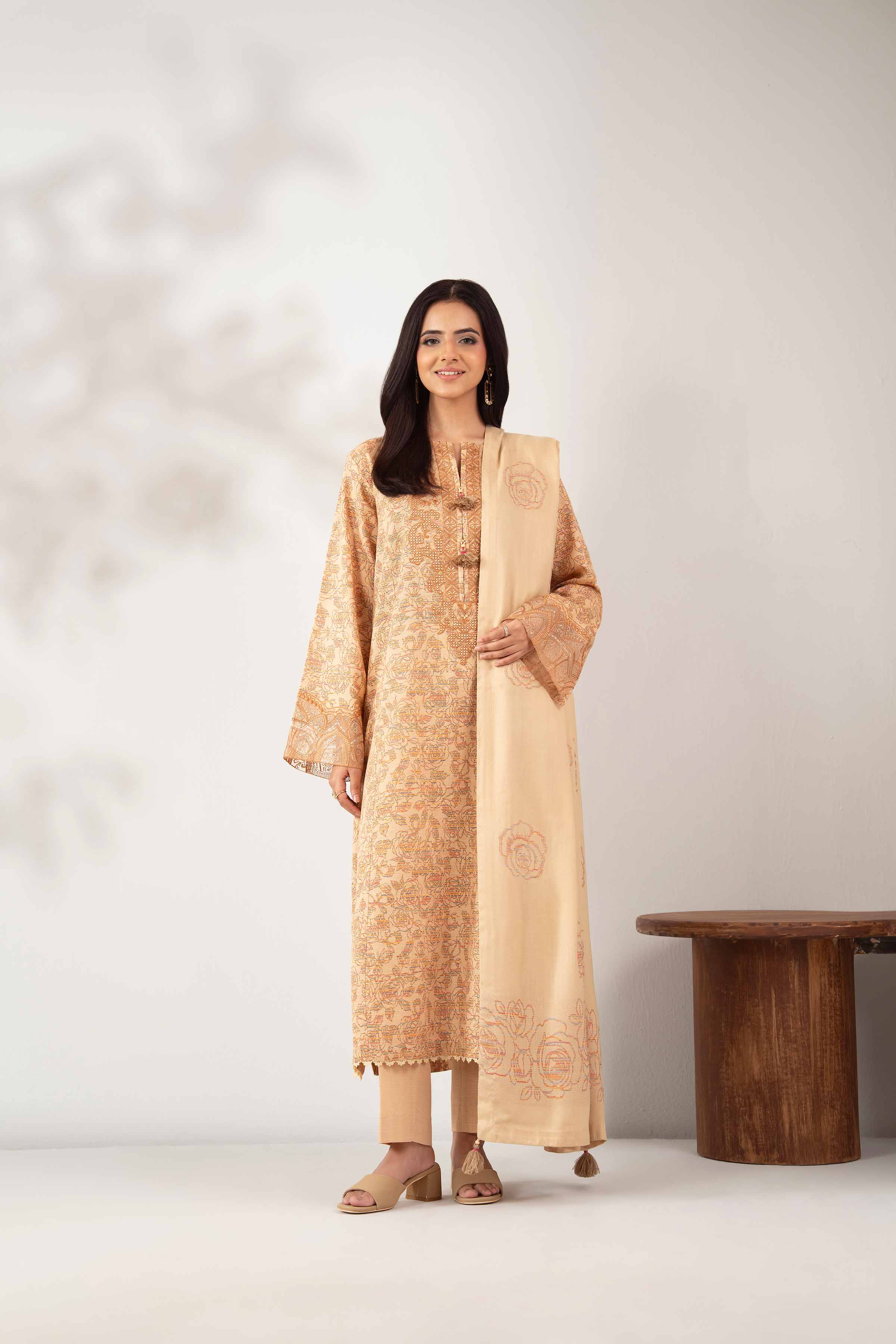 NISHATUAE - Beige Embroidered Khaddar 3-piece Unstitched Suit