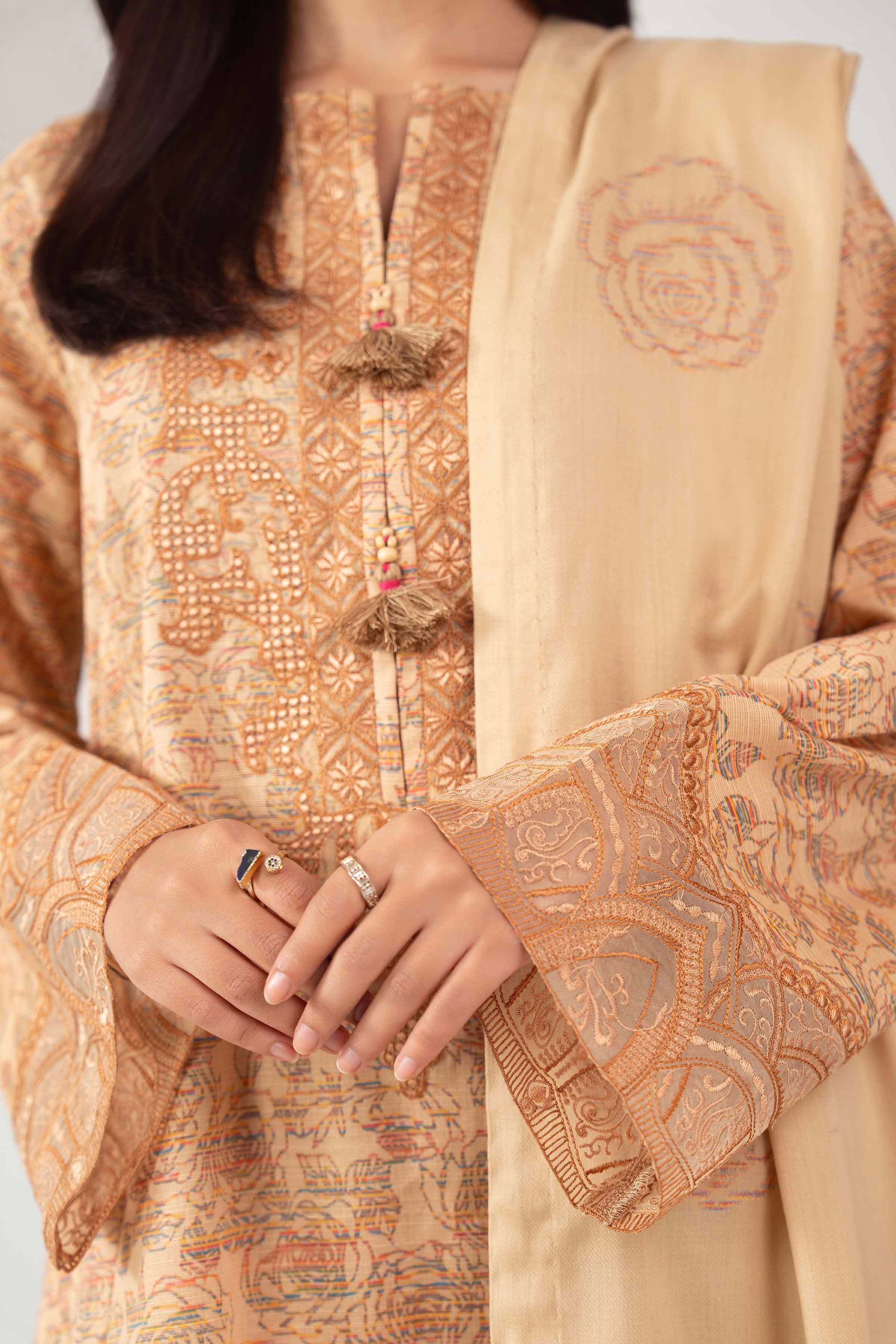 NISHATUAE - Beige Embroidered Khaddar 3-piece Unstitched Suit