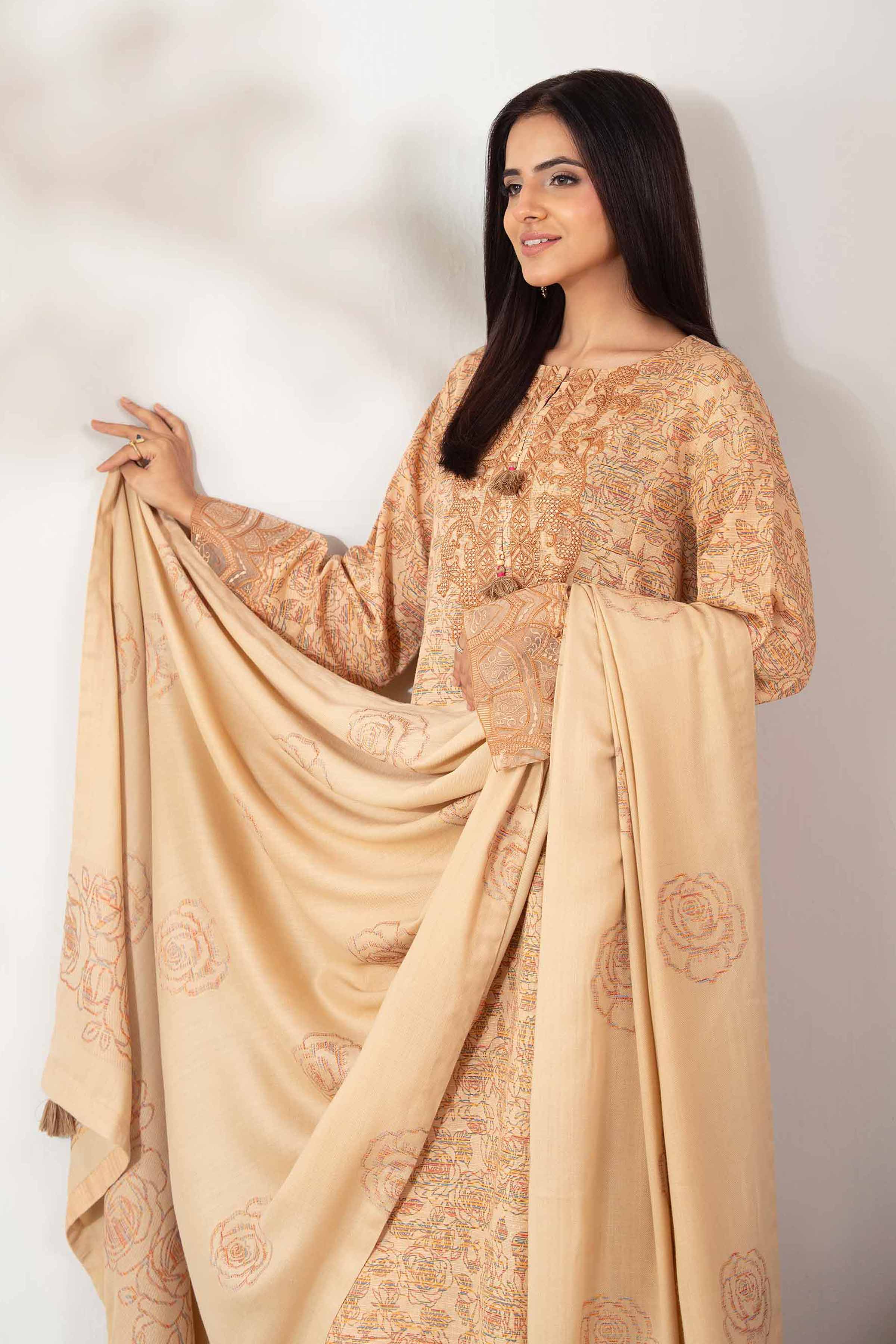 NISHATUAE - Beige Embroidered Khaddar 3-piece Unstitched Suit
