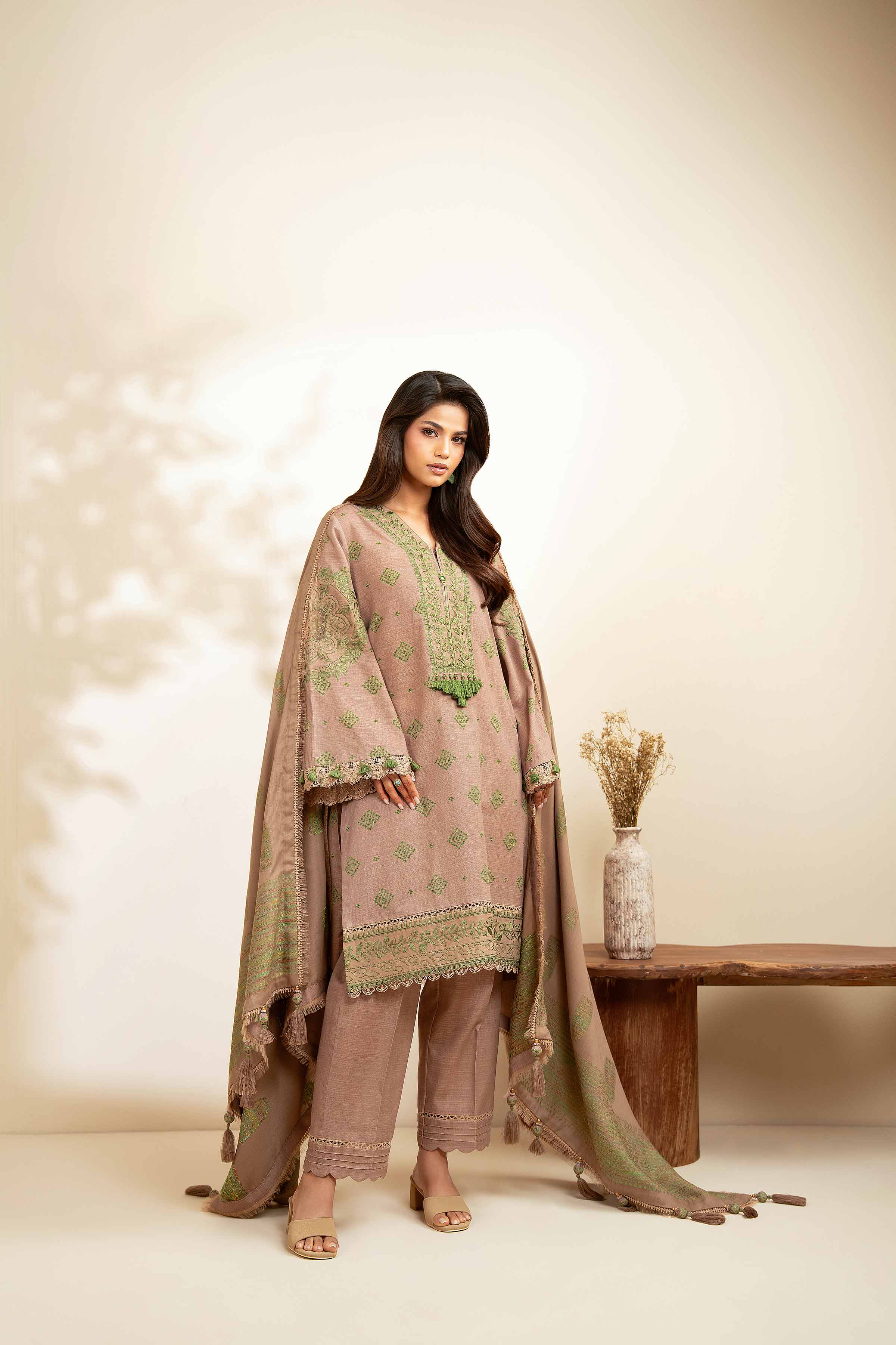 NISHATUAE - Brown Embroidered Khaddar 3-piece Unstitched Suit