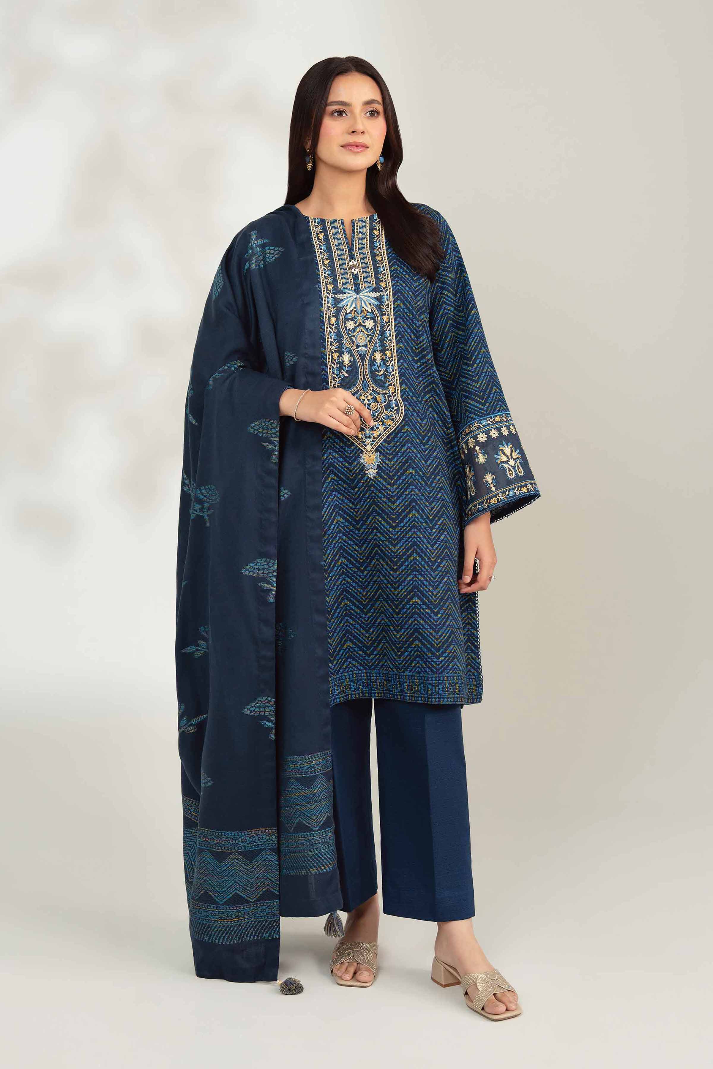 NISHATUAE - Blue Embroidered Khaddar 3-piece Unstitched Suit
