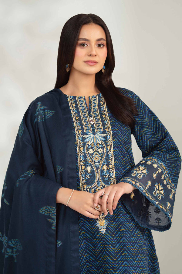 NISHATUAE - Blue Embroidered Khaddar 3-piece Unstitched Suit