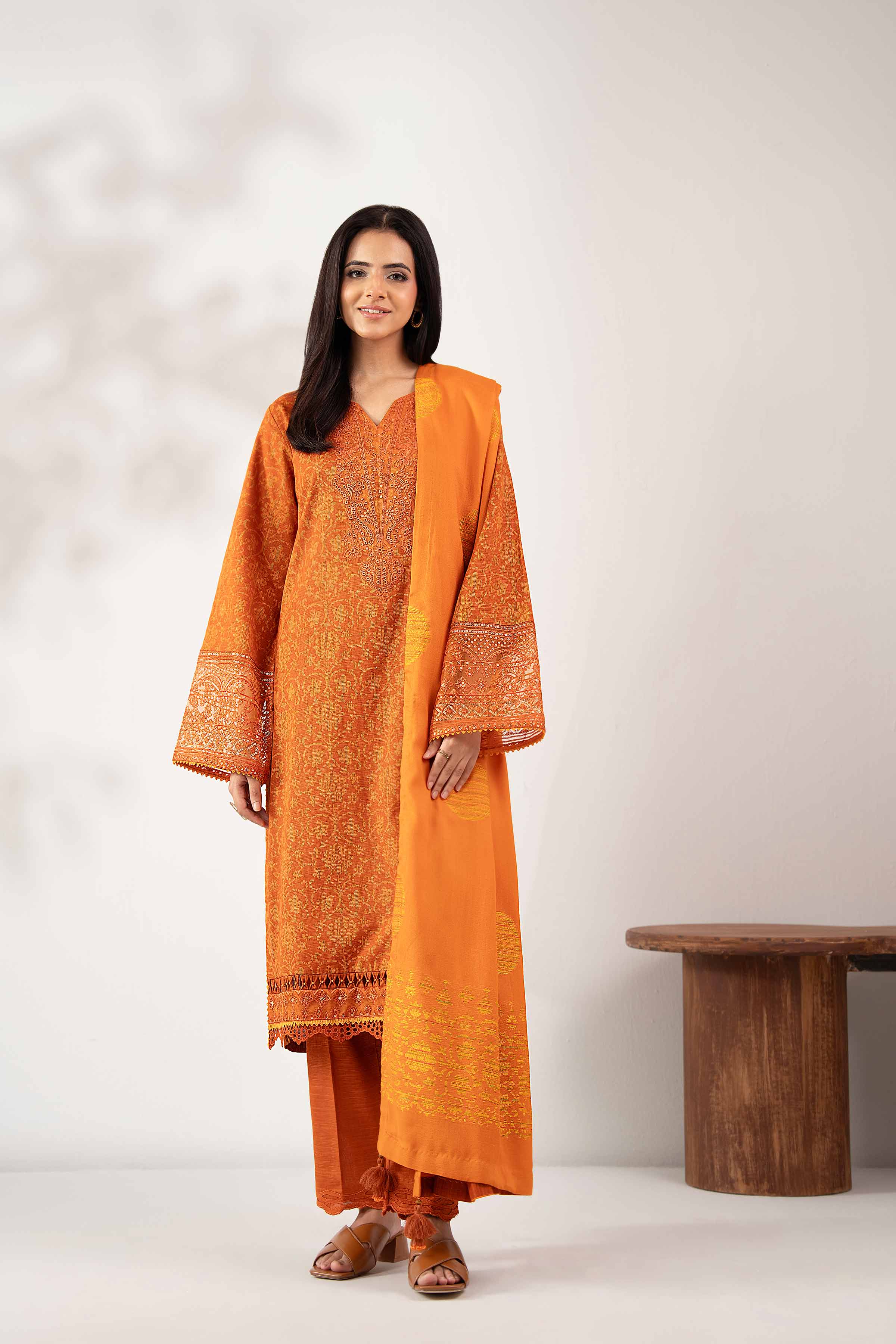 NISHATUAE - Rust Embroidered Khaddar 3-piece Unstitched Suit