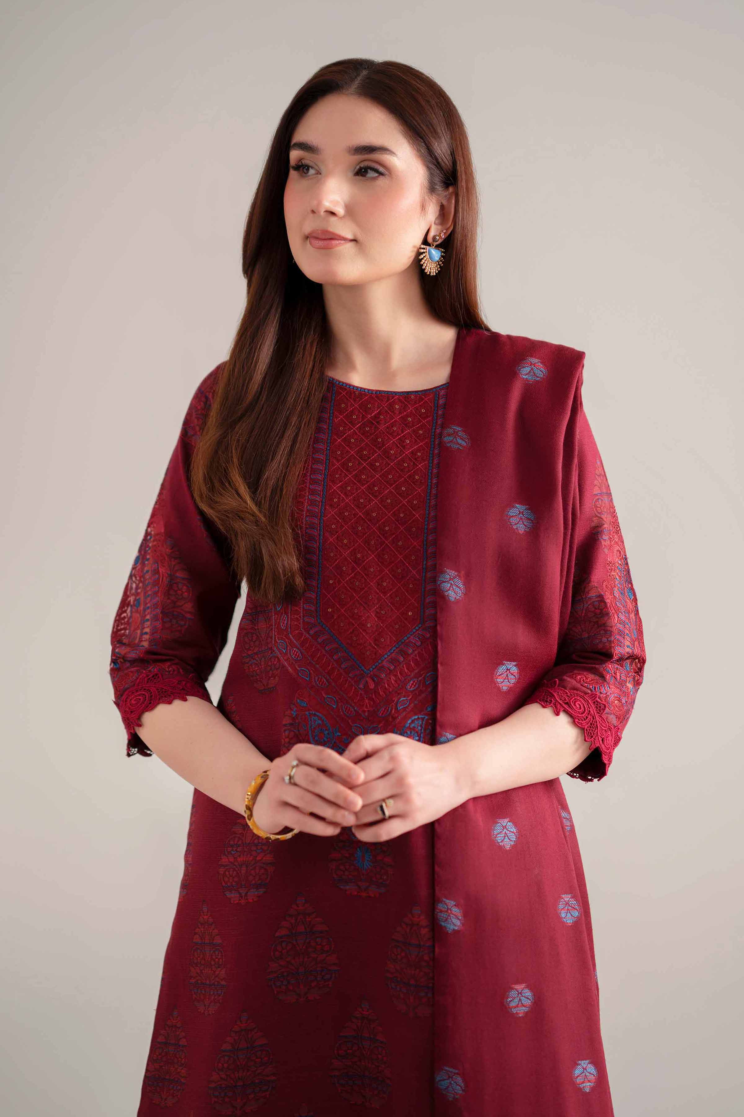 NISHATUAE - Maroon Embroidered Khaddar 3-piece Unstitched Suit