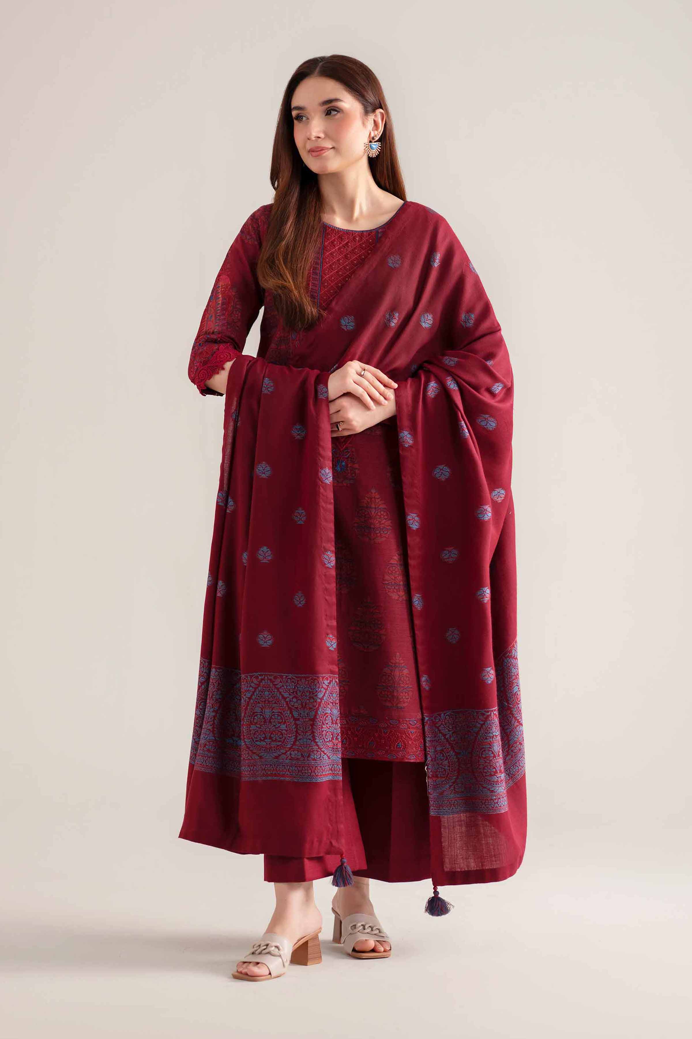NISHATUAE - Maroon Embroidered Khaddar 3-piece Unstitched Suit