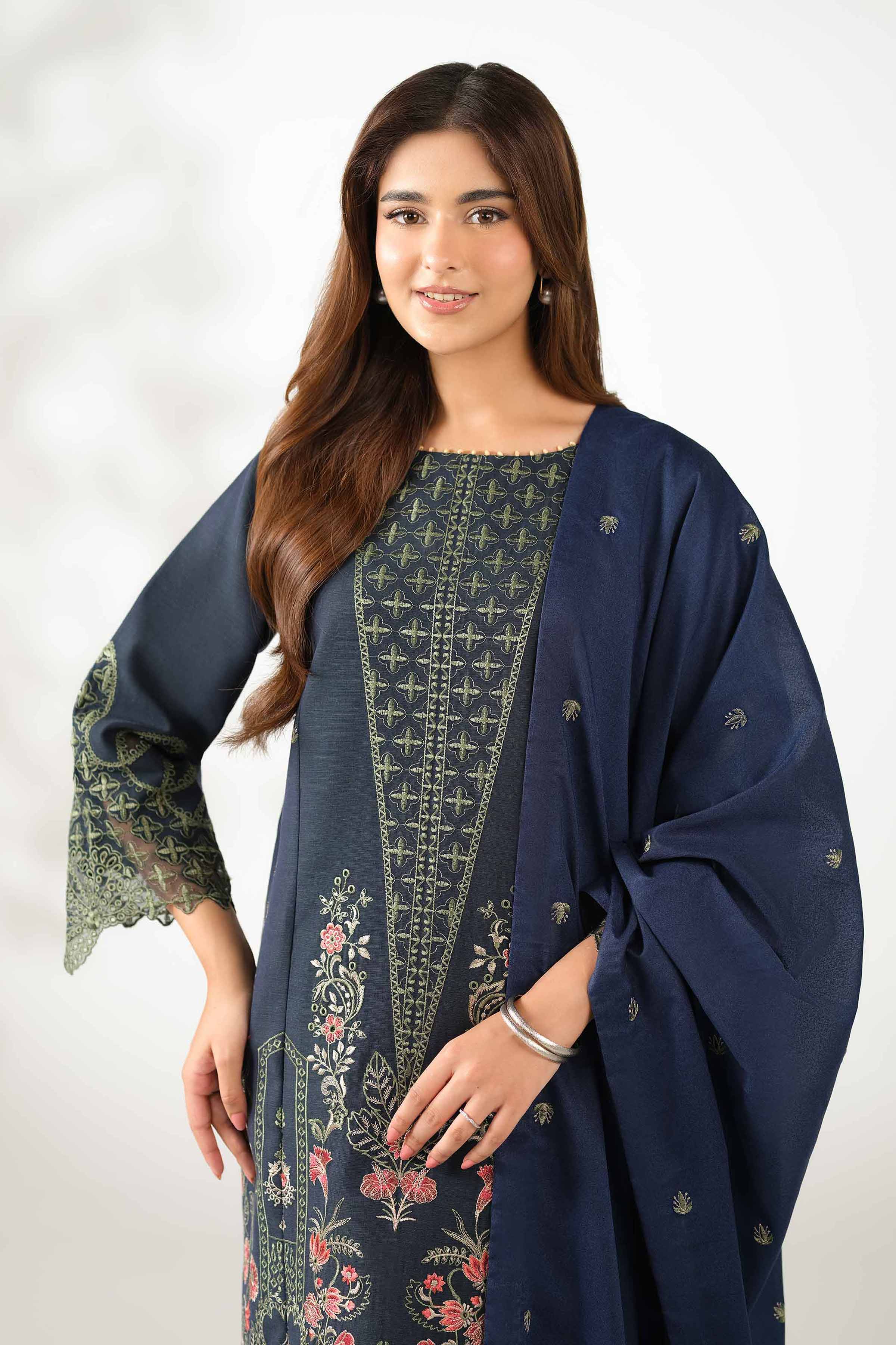 NISHATUAE - Blue Embroidered Khaddar 3-piece Unstitched Suit