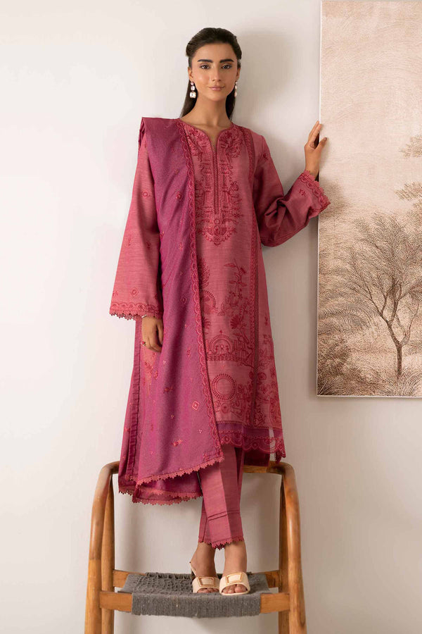 NISHATUAE - Pink Embroidered Khaddar 3-piece Unstitched Suit