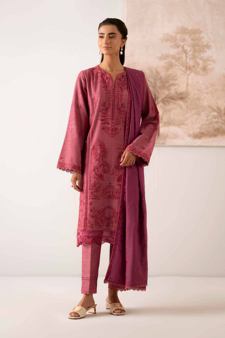 NISHATUAE - Pink Embroidered Khaddar 3-piece Unstitched Suit