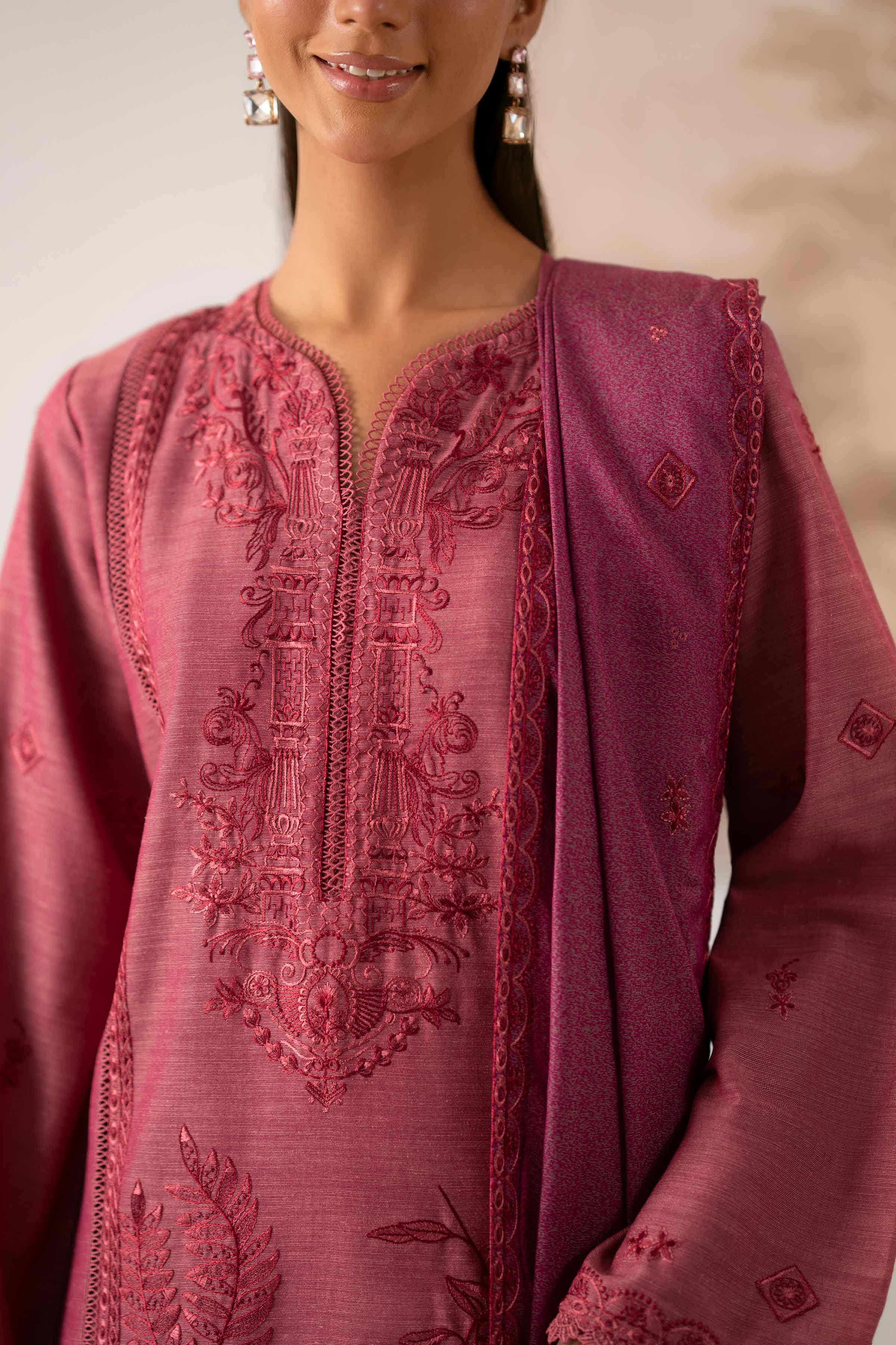 NISHATUAE - Pink Embroidered Khaddar 3-piece Unstitched Suit