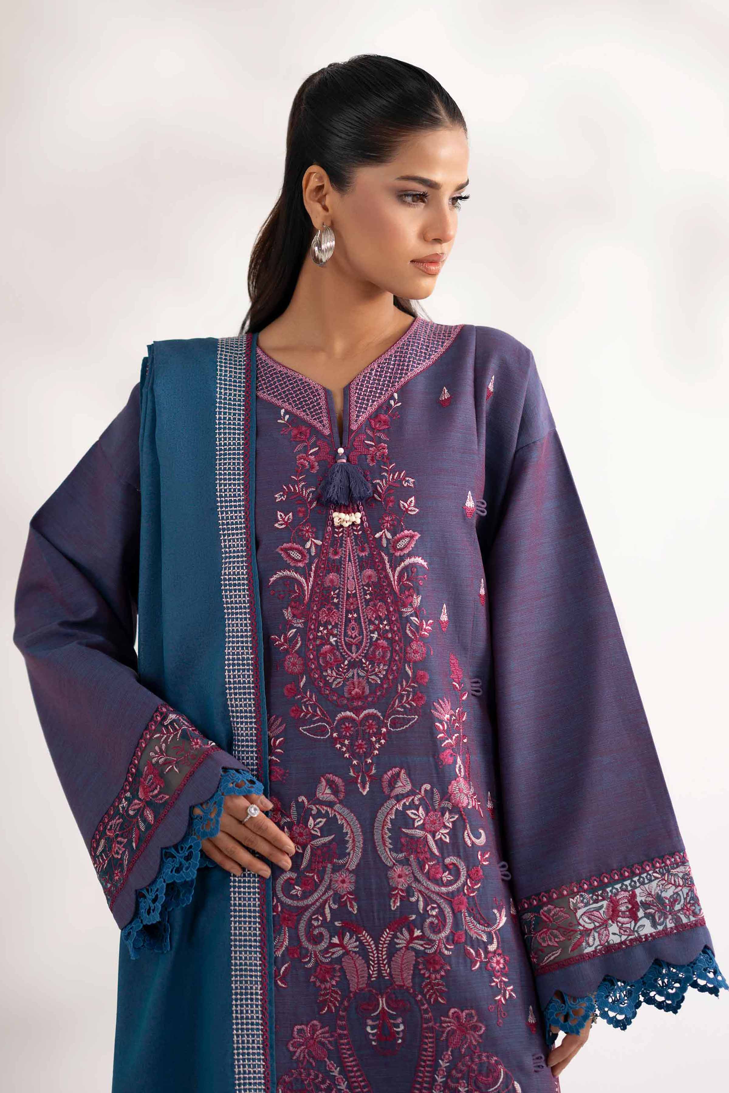 NISHATUAE - Blue Embroidered Khaddar 3-piece Unstitched Suit