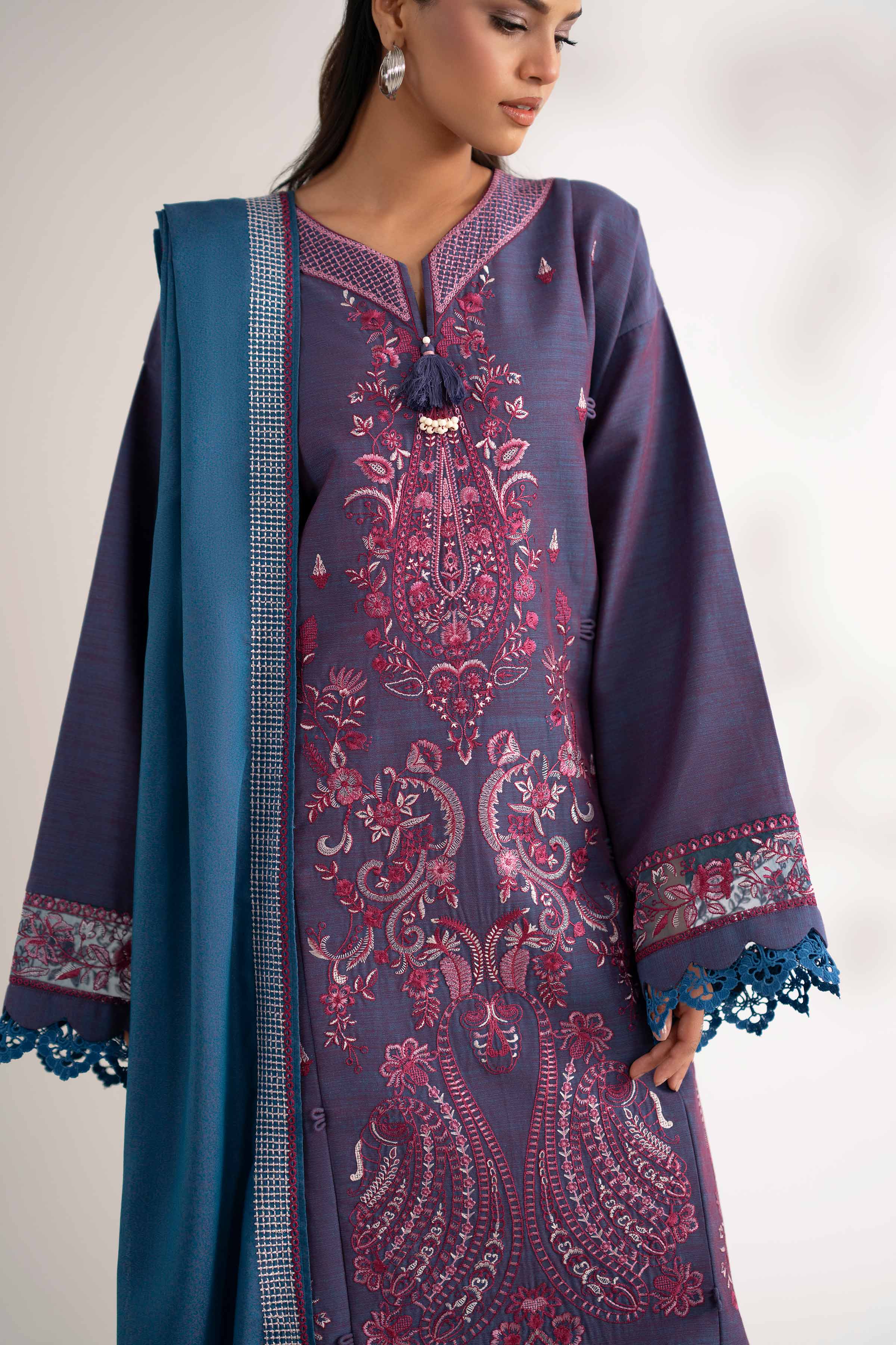 NISHATUAE - Blue Embroidered Khaddar 3-piece Unstitched Suit