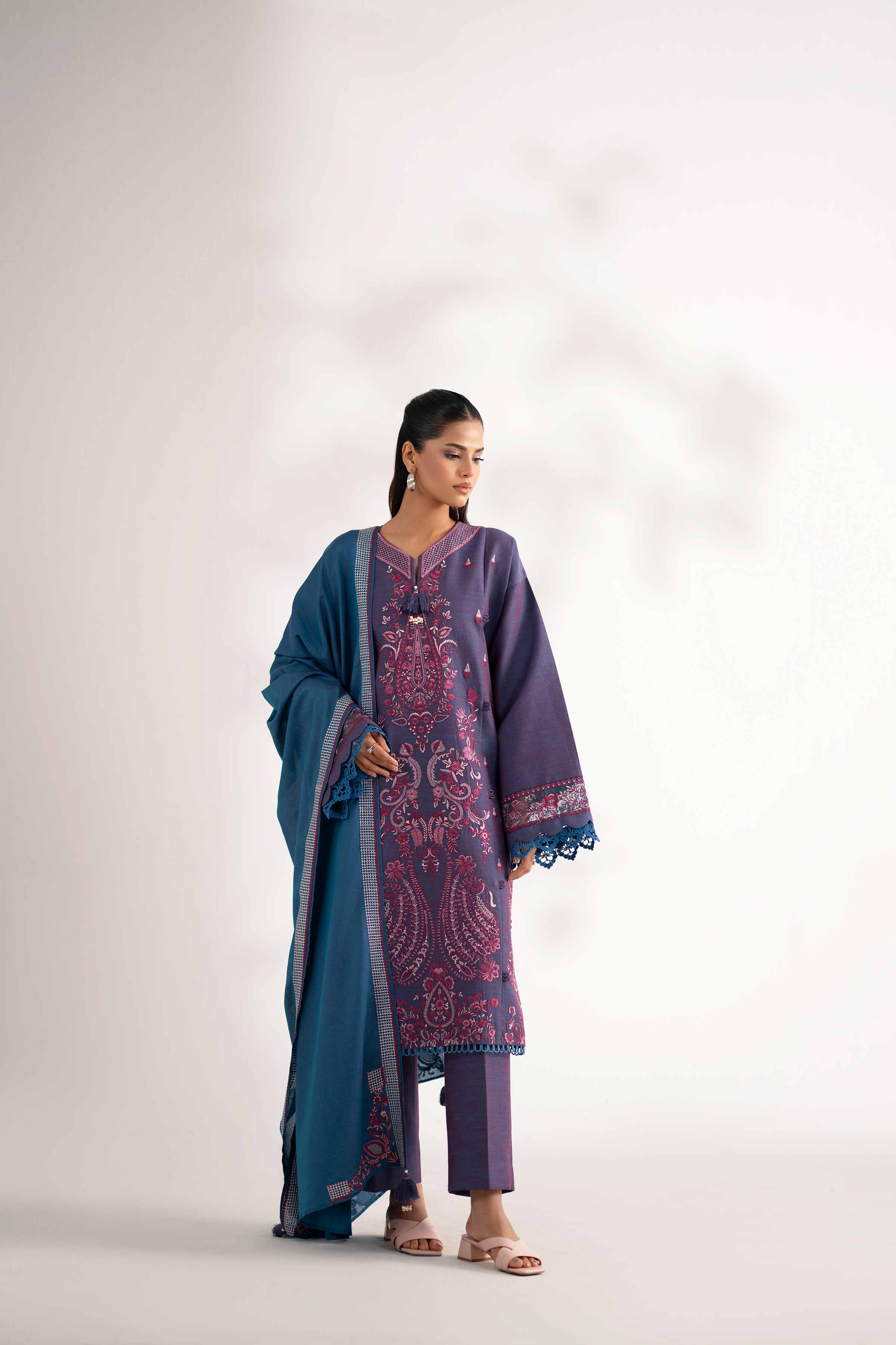 NISHATUAE - Blue Embroidered Khaddar 3-piece Unstitched Suit