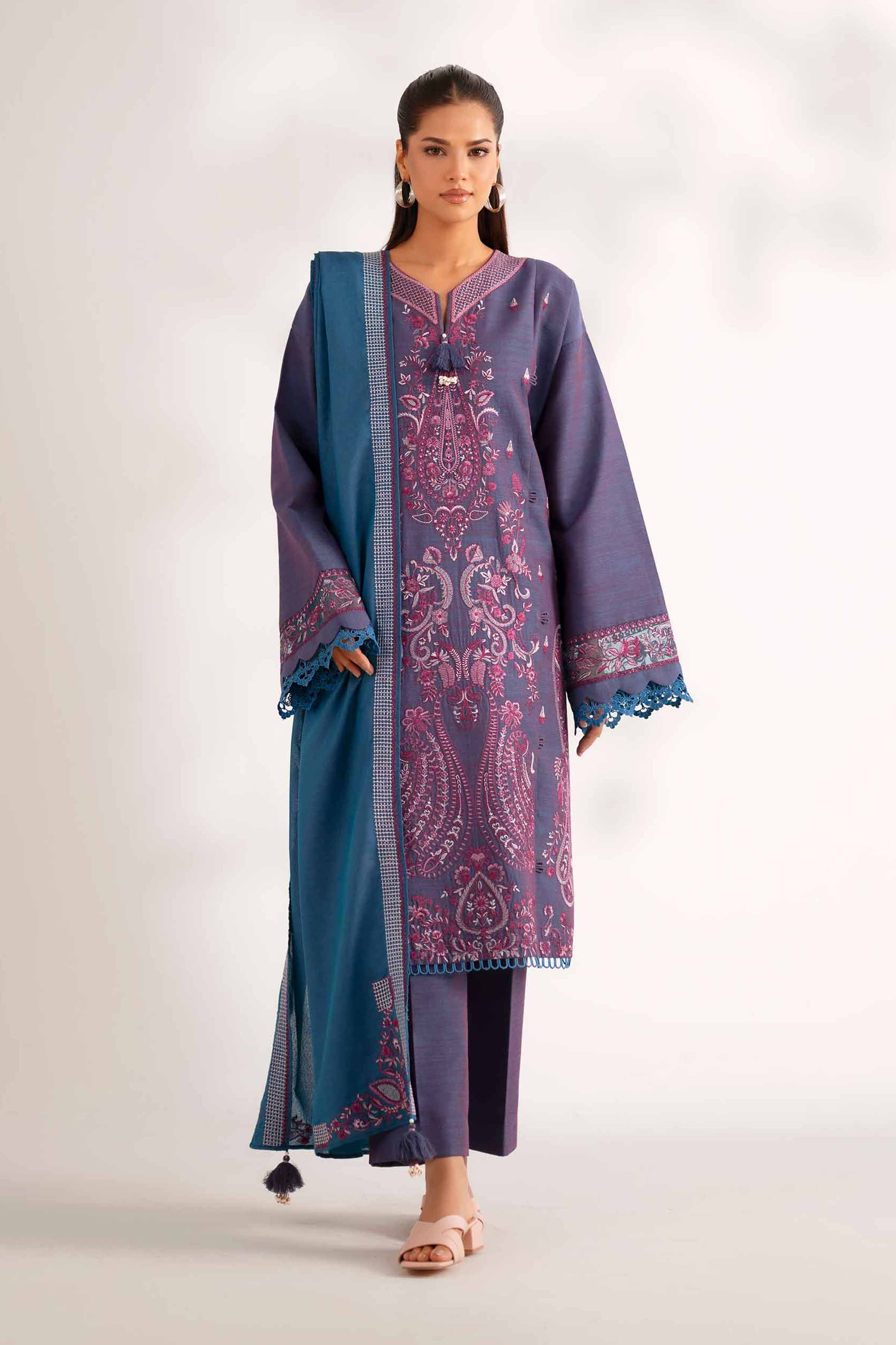NISHATUAE - Blue Embroidered Khaddar 3-piece Unstitched Suit