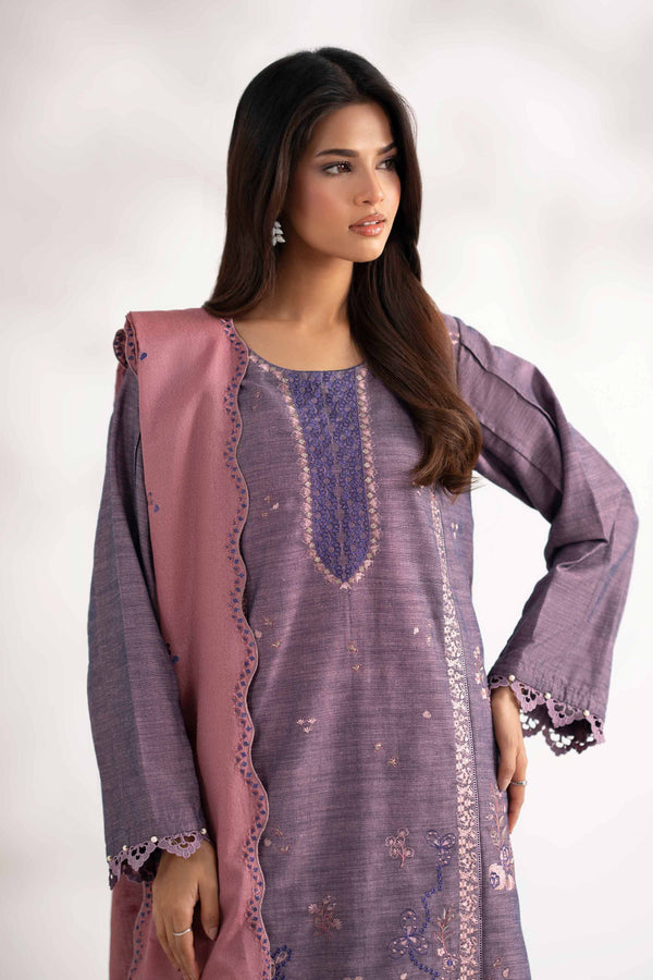 NISHATUAE - Pink Embroidered Khaddar 3-piece Unstitched Suit