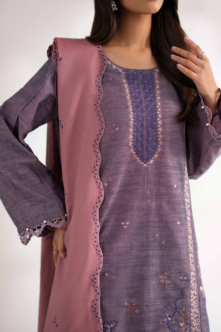 NISHATUAE - Pink Embroidered Khaddar 3-piece Unstitched Suit