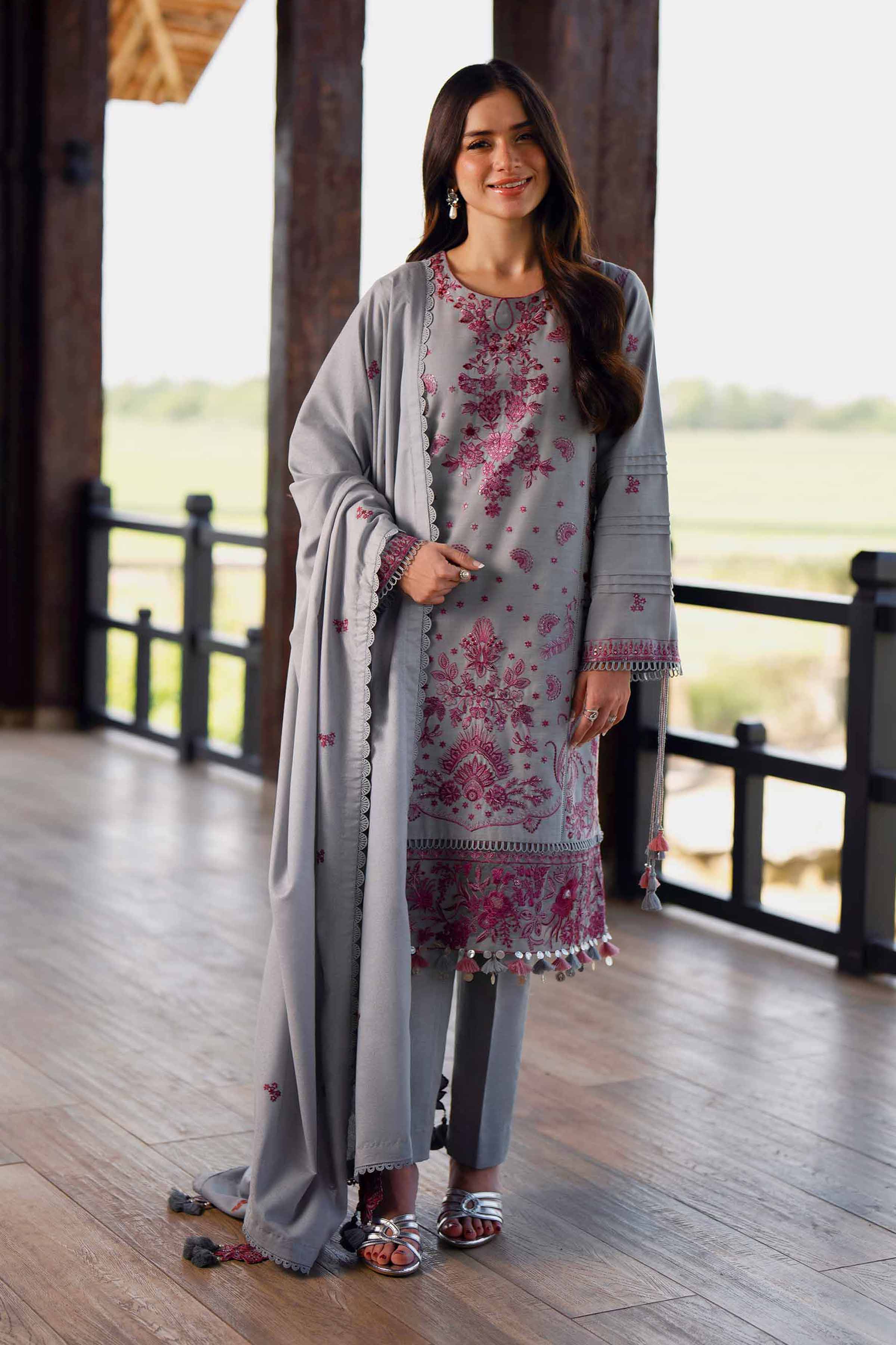 NISHATUAE - Grey Embroidered Khaddar 3-piece Unstitched Suit