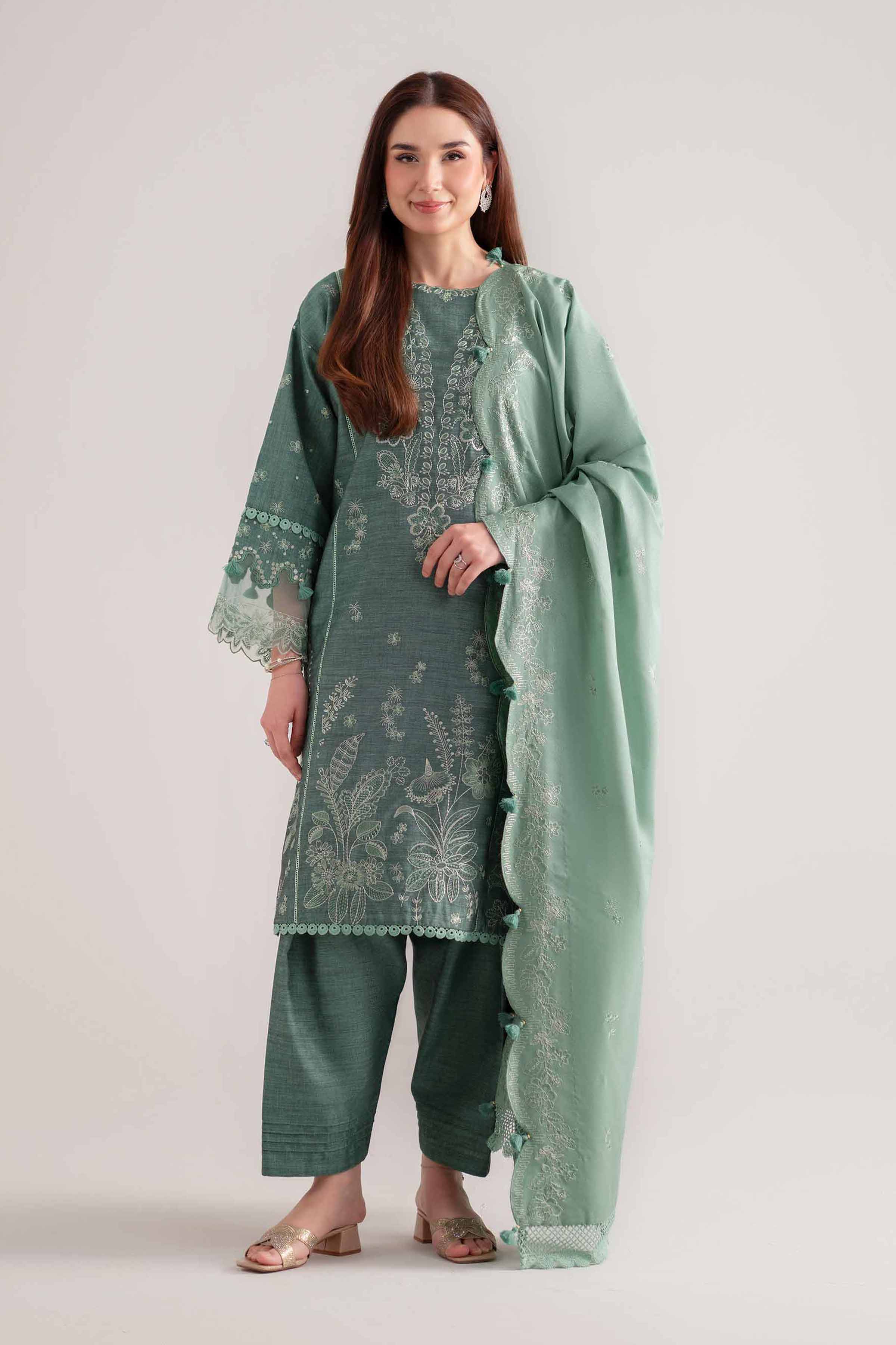 NISHATUAE - Green Embroidered Khaddar 3-piece Unstitched Suit