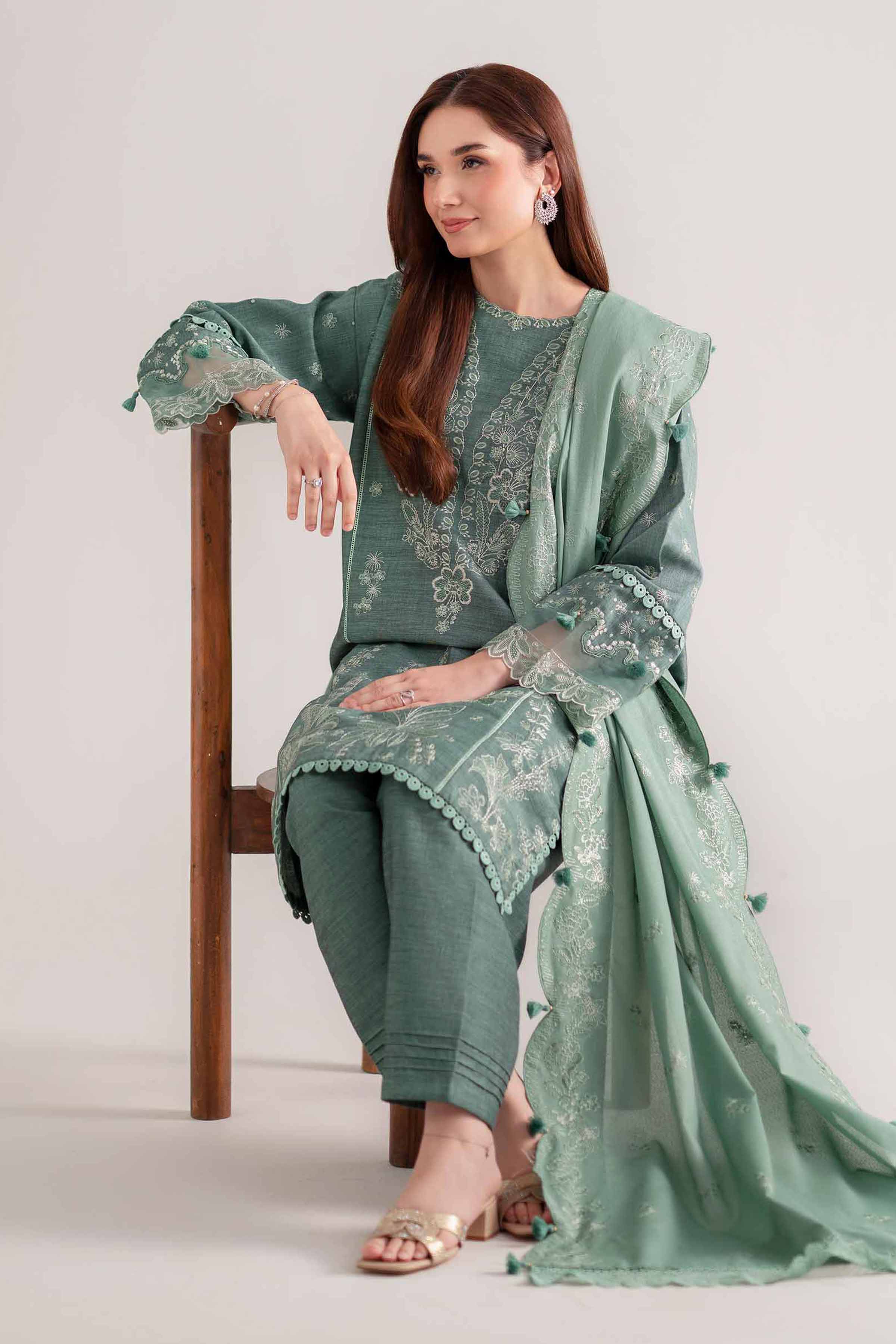 NISHATUAE - Green Embroidered Khaddar 3-piece Unstitched Suit