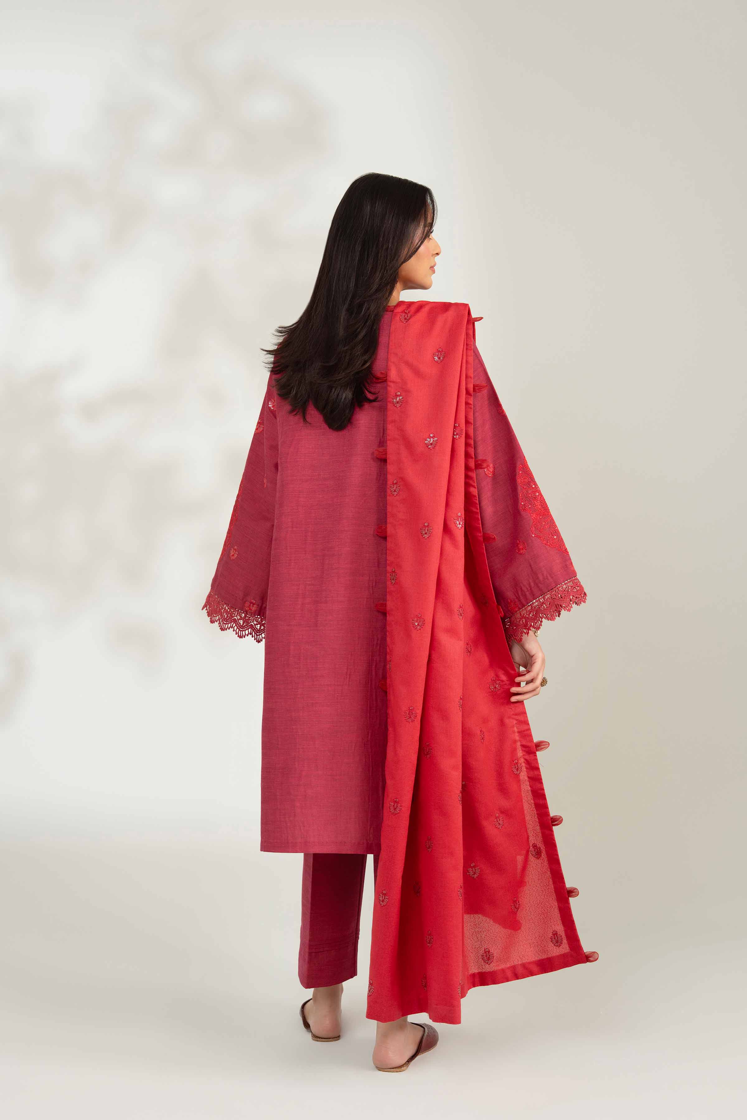 NISHATUAE - Red Embroidered Khaddar 3-piece Unstitched Suit