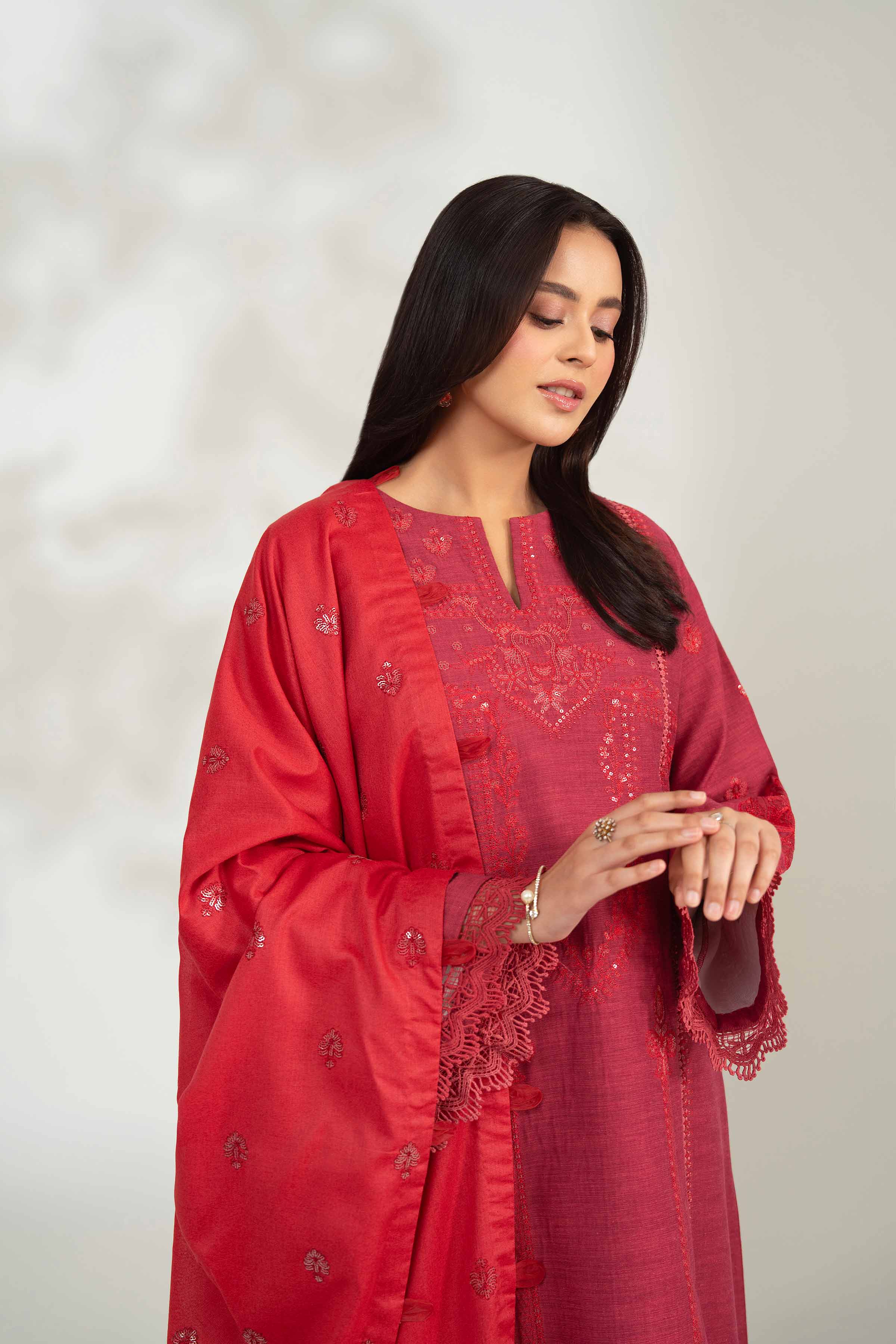 NISHATUAE - Red Embroidered Khaddar 3-piece Unstitched Suit