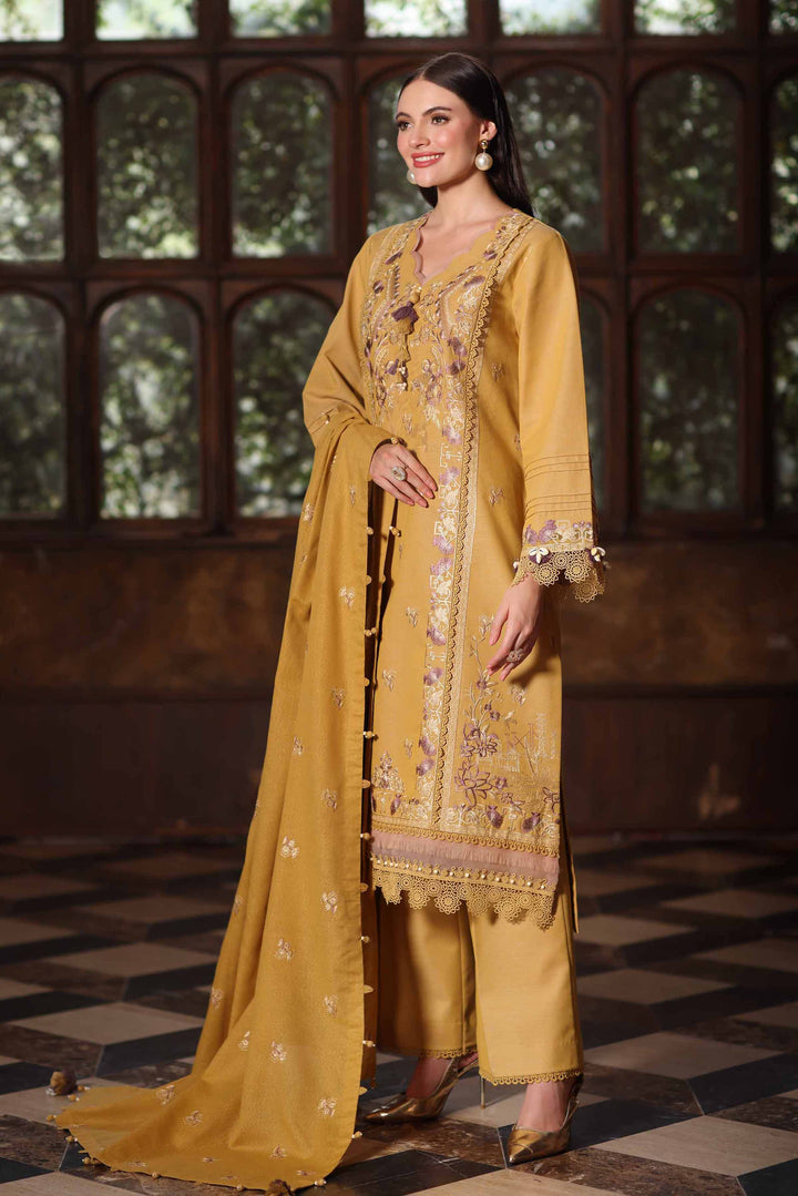 NISHATUAE - Gold Embroidered Khaddar 3-piece Unstitched Suit