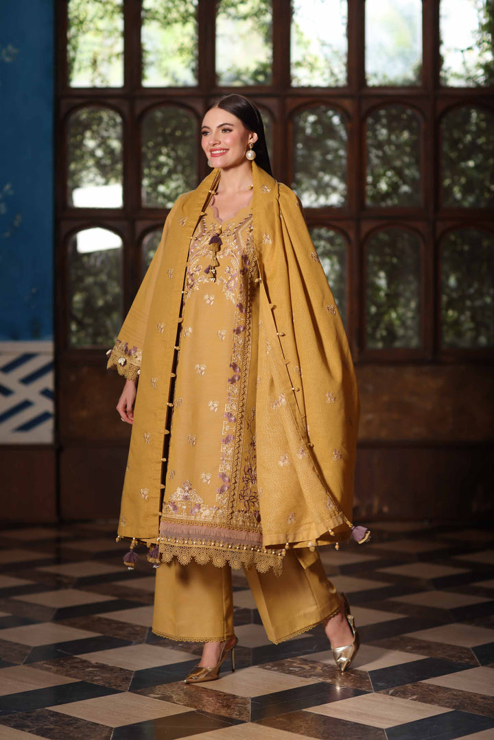 NISHATUAE - Gold Embroidered Khaddar 3-piece Unstitched Suit