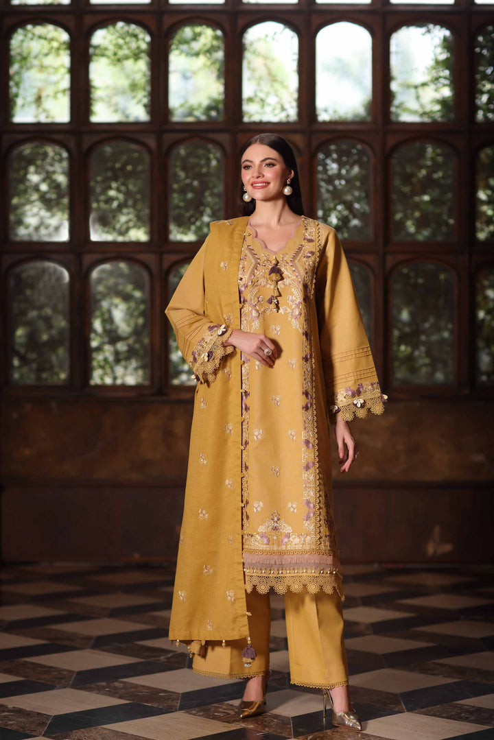 NISHATUAE - Gold Embroidered Khaddar 3-piece Unstitched Suit