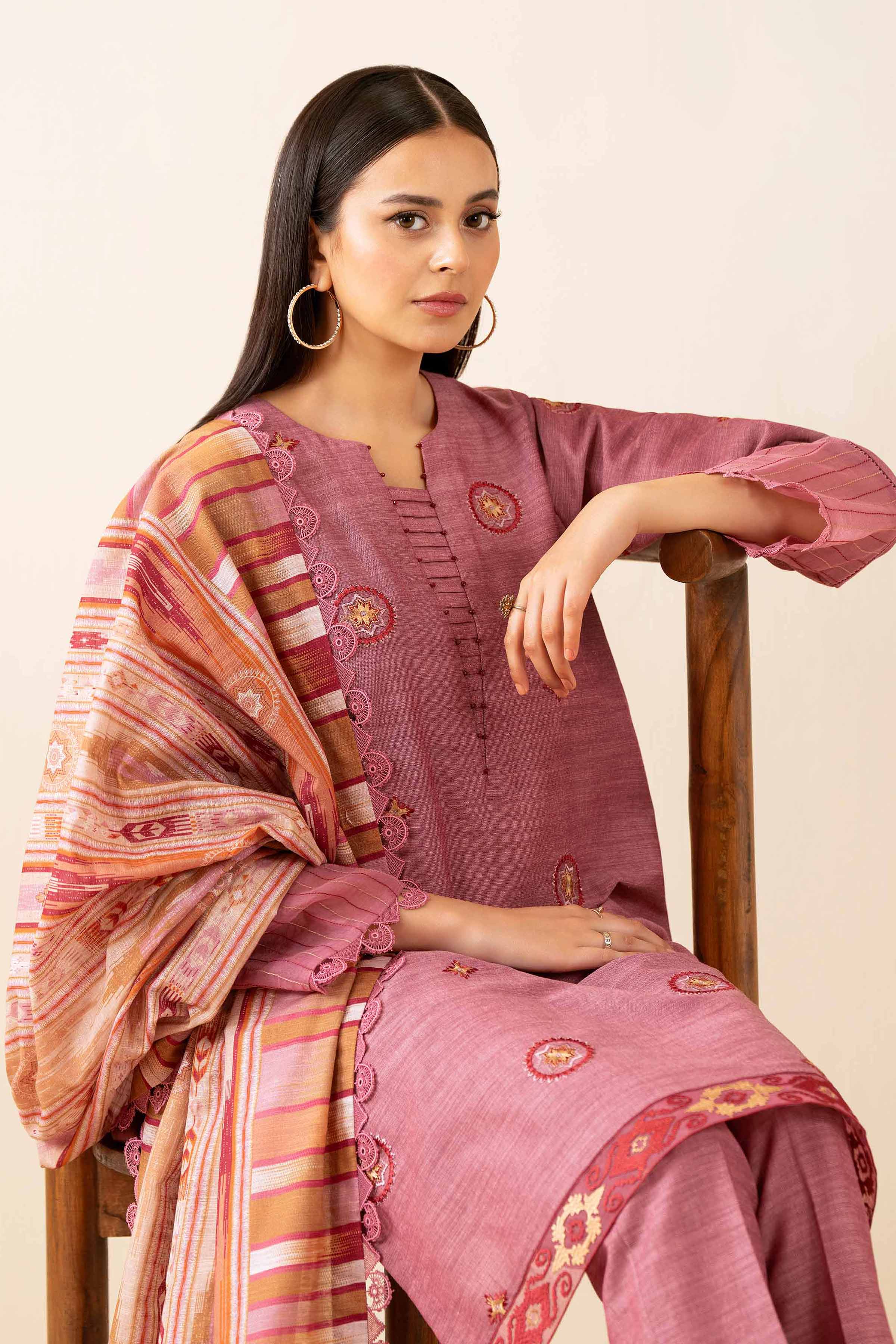 NISHATUAE - Pink Embroidered Khaddar 3-piece Unstitched Suit
