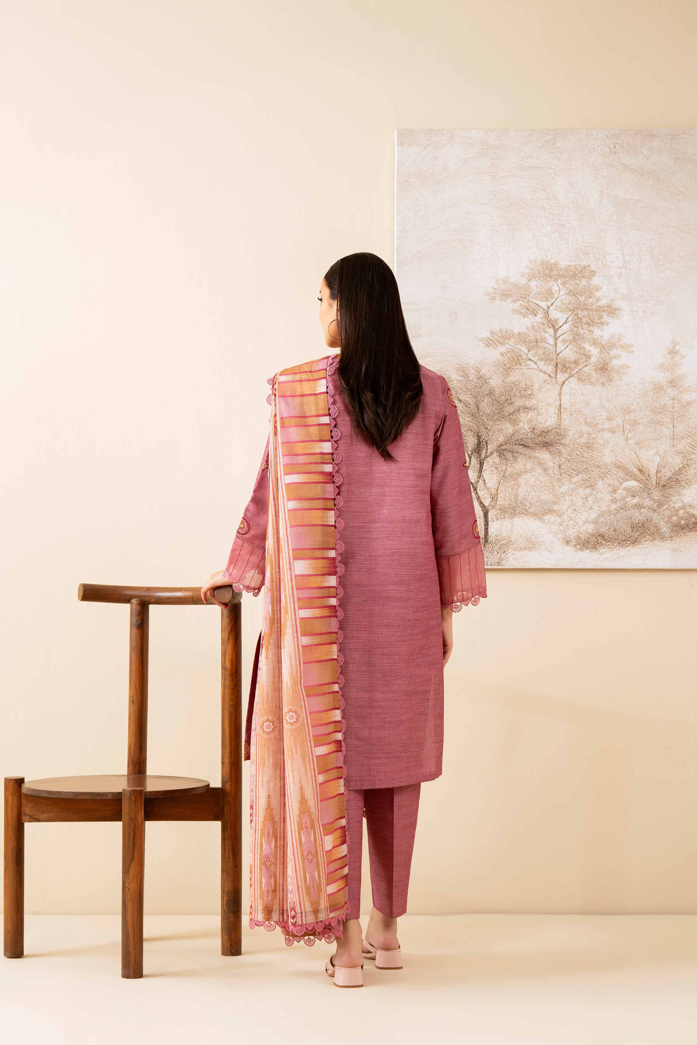 NISHATUAE - Pink Embroidered Khaddar 3-piece Unstitched Suit