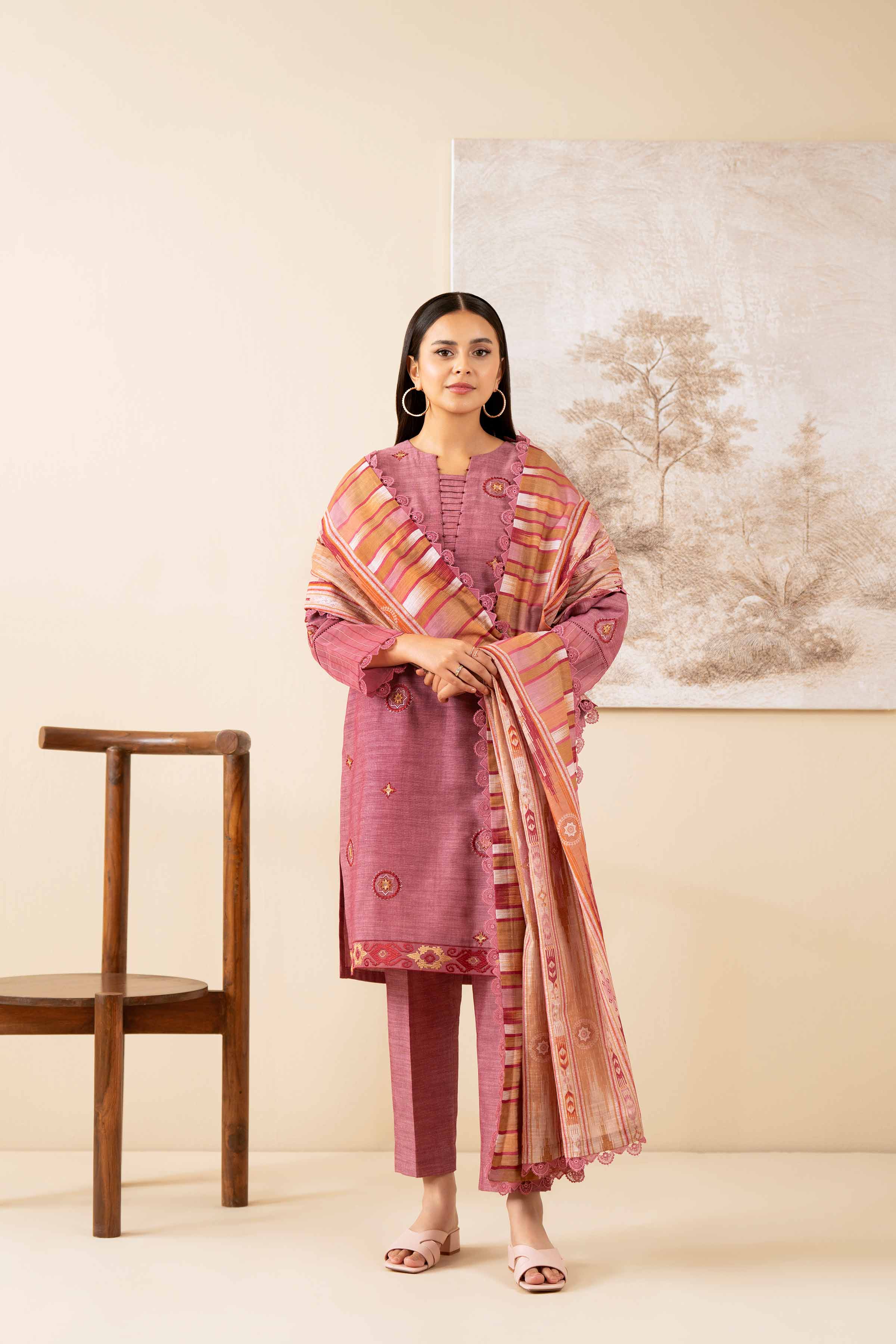 NISHATUAE - Pink Embroidered Khaddar 3-piece Unstitched Suit