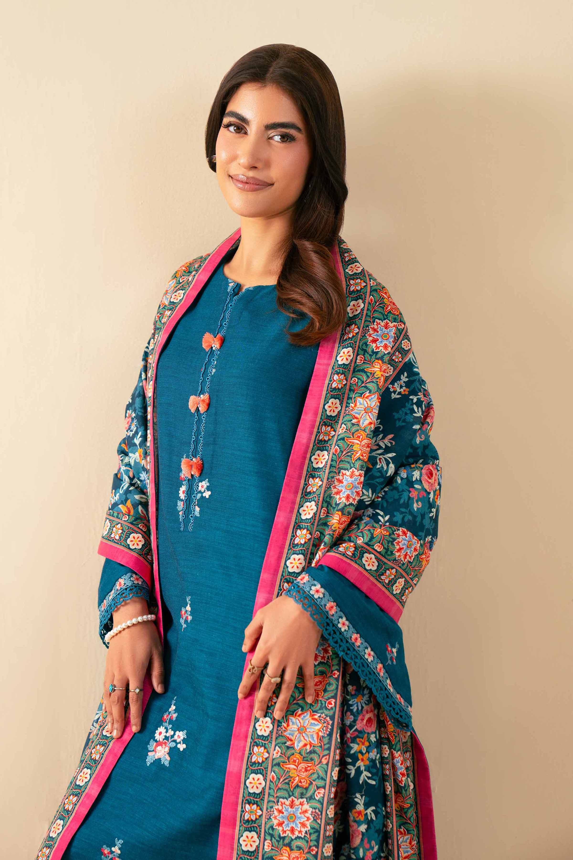 NISHATUAE - Blue Embroidered Khaddar 3-piece Unstitched Suit