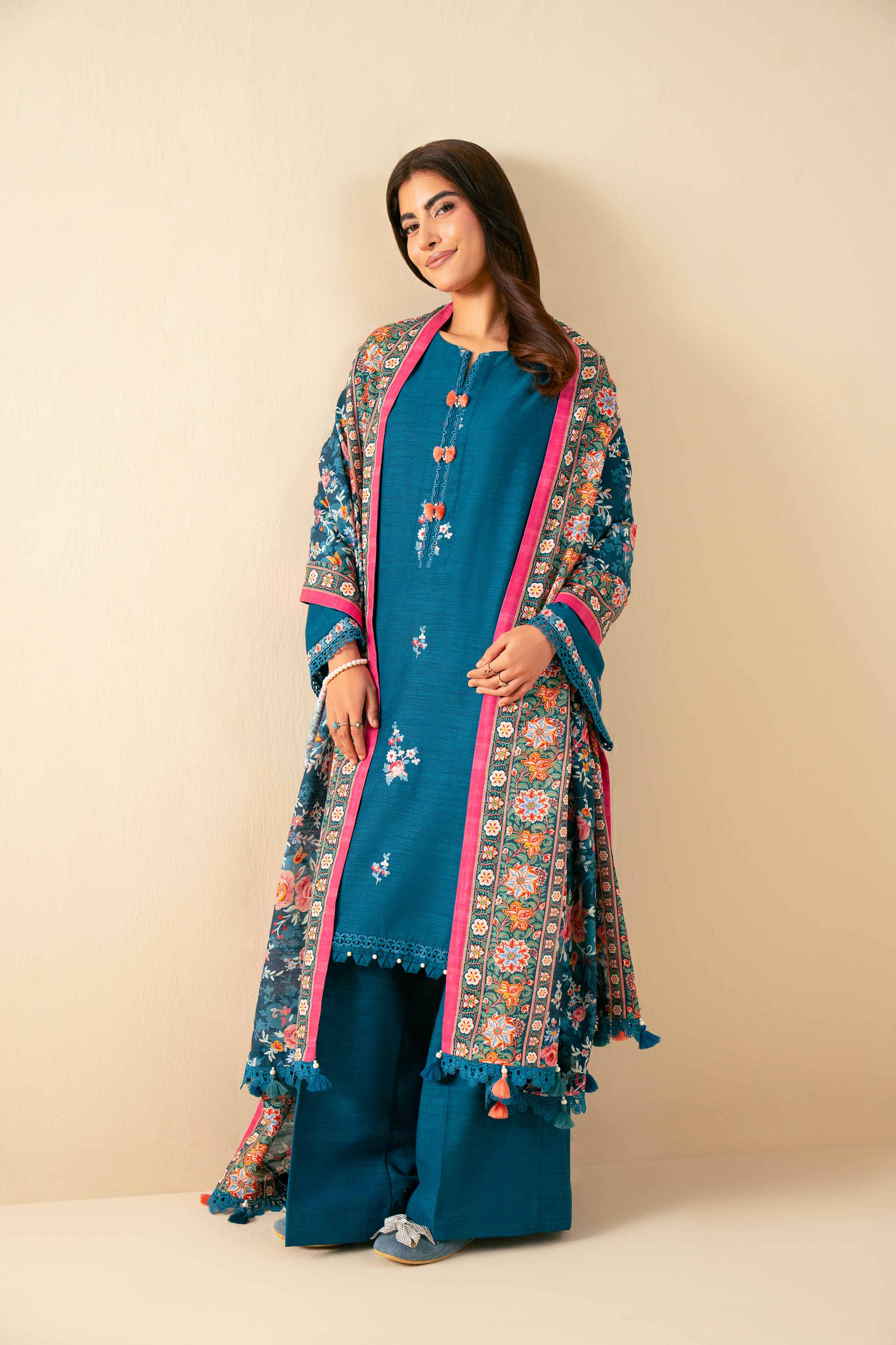 NISHATUAE - Blue Embroidered Khaddar 3-piece Unstitched Suit