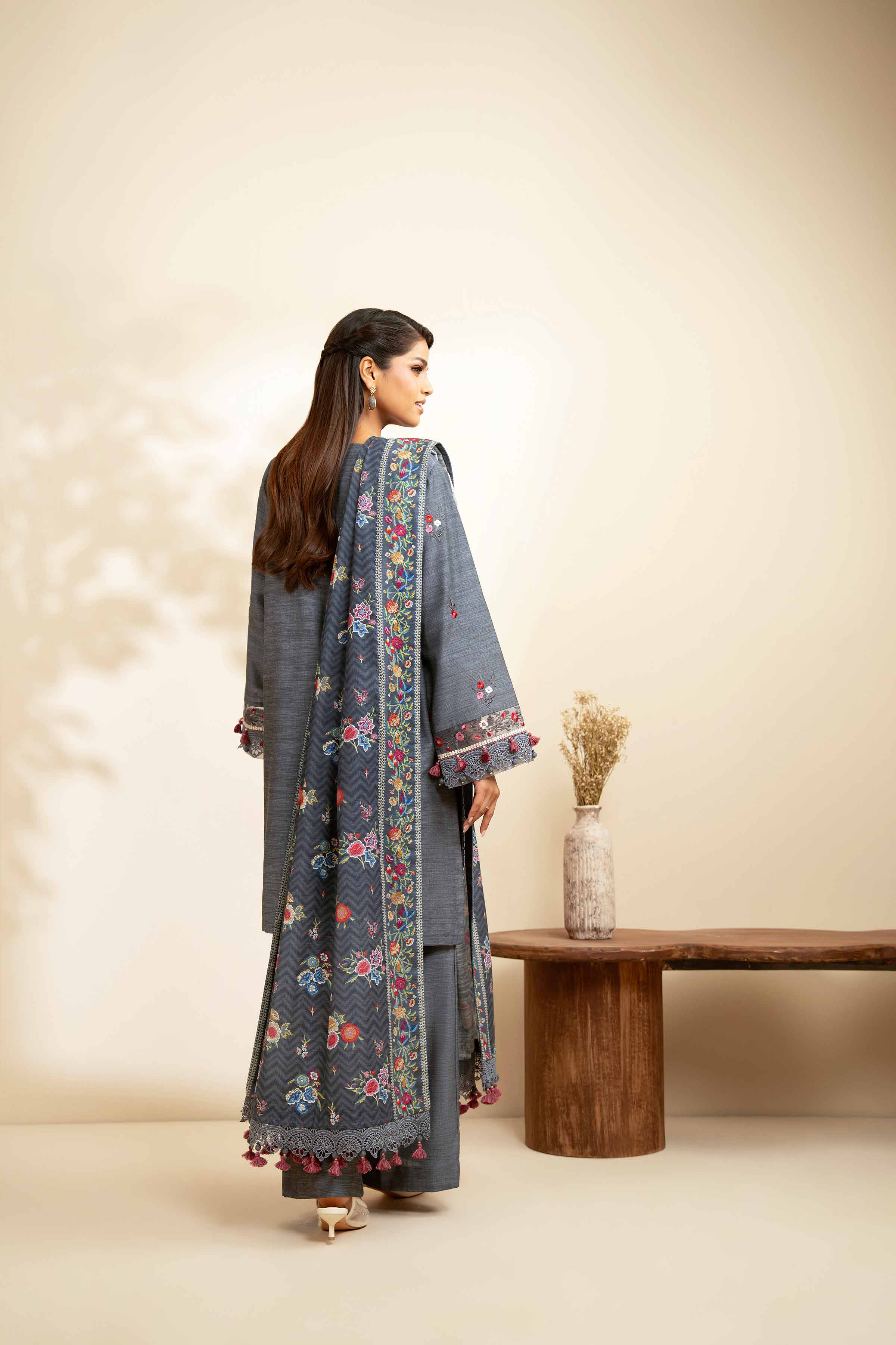 NISHATUAE - Grey Embroidered Khaddar 3-piece Unstitched Suit