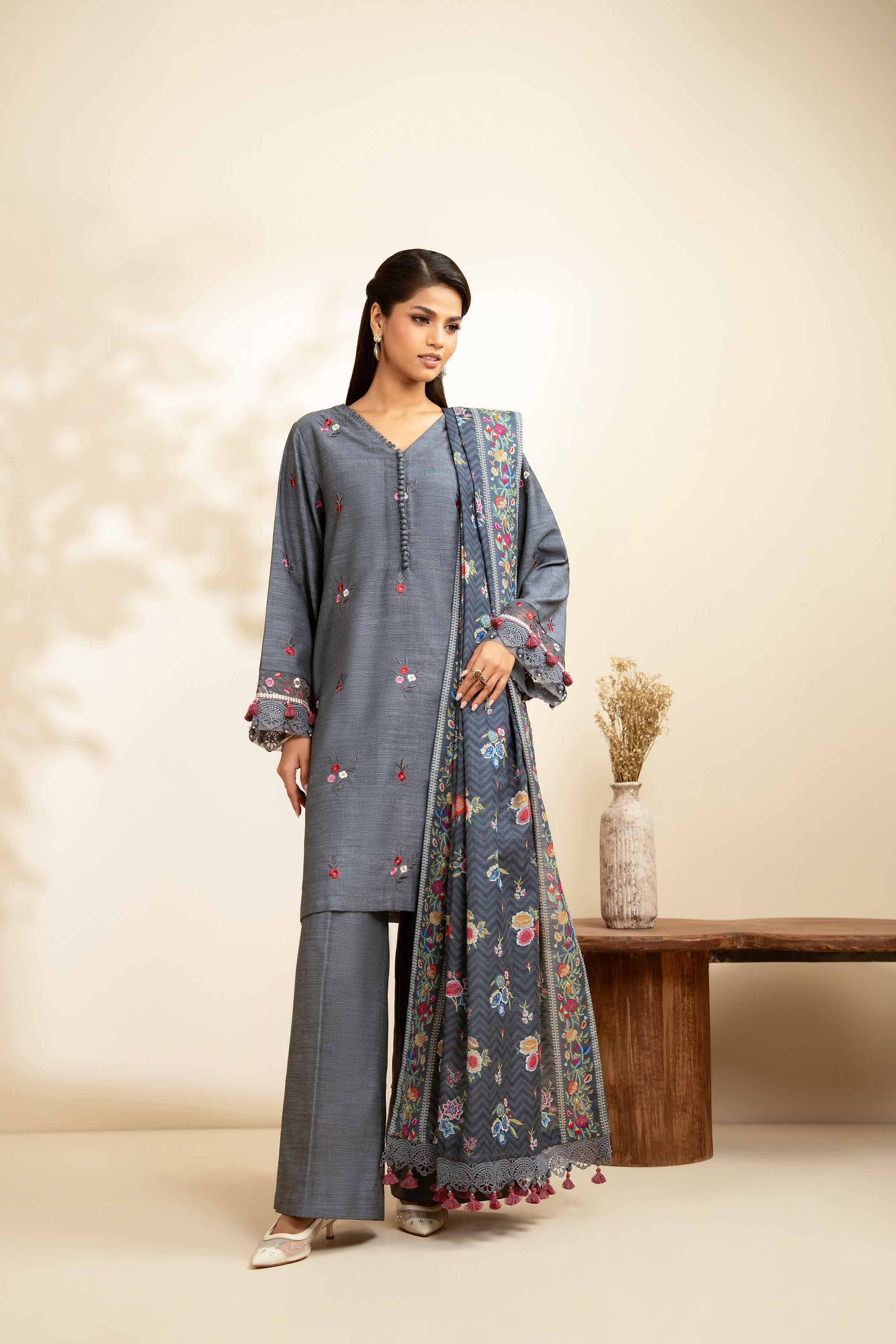 NISHATUAE - Grey Embroidered Khaddar 3-piece Unstitched Suit