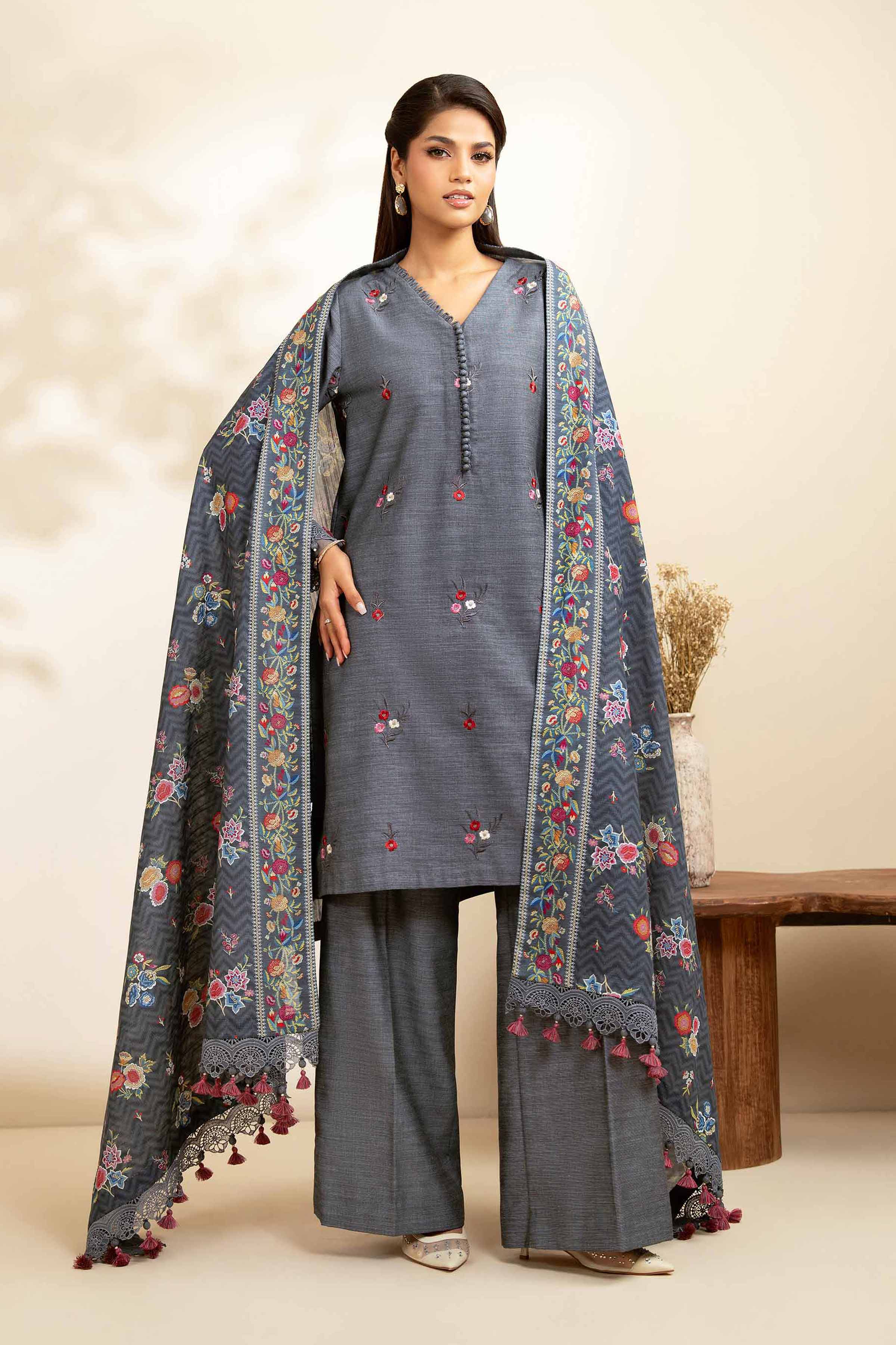 NISHATUAE - Grey Embroidered Khaddar 3-piece Unstitched Suit
