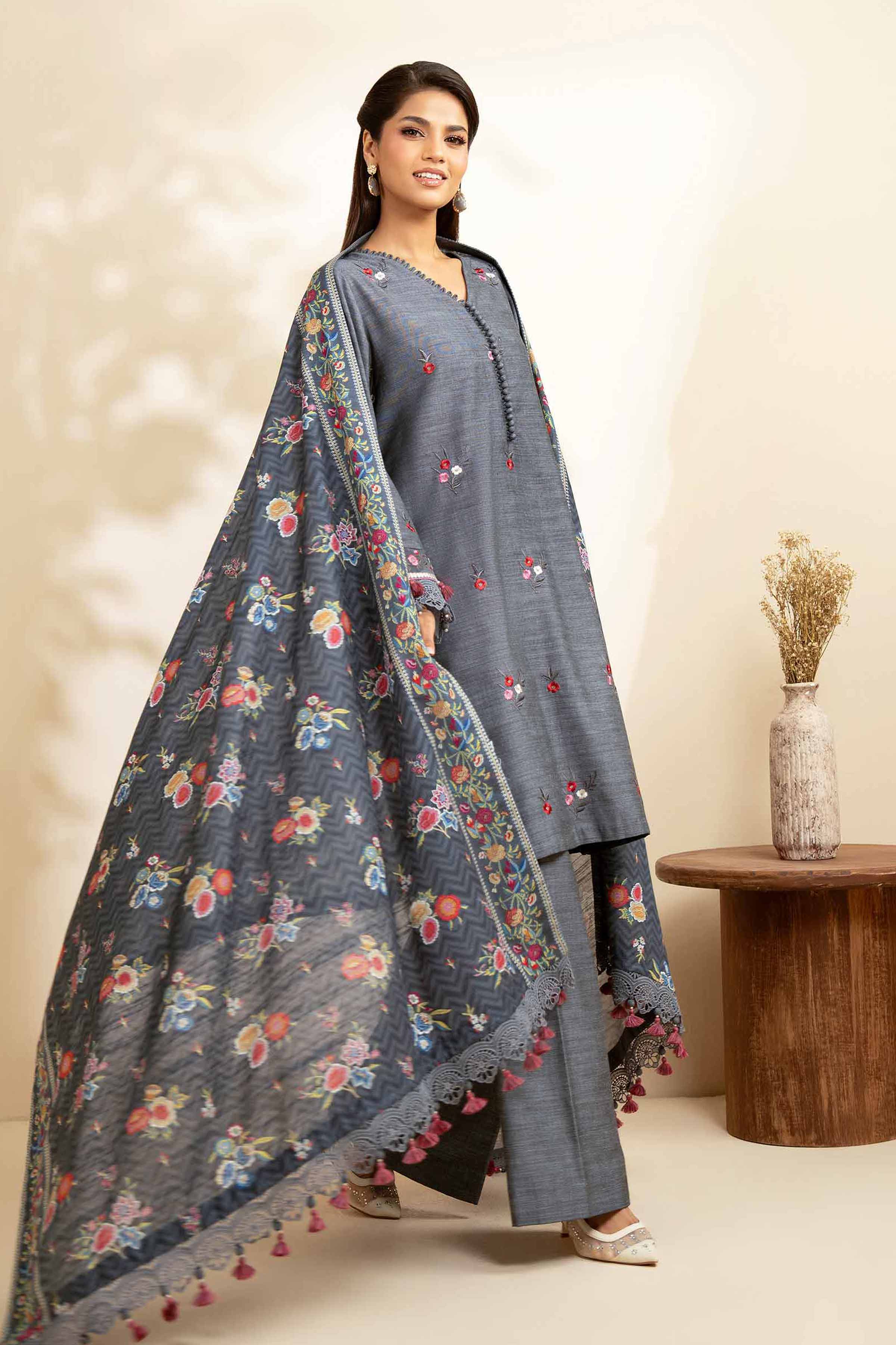 NISHATUAE - Grey Embroidered Khaddar 3-piece Unstitched Suit