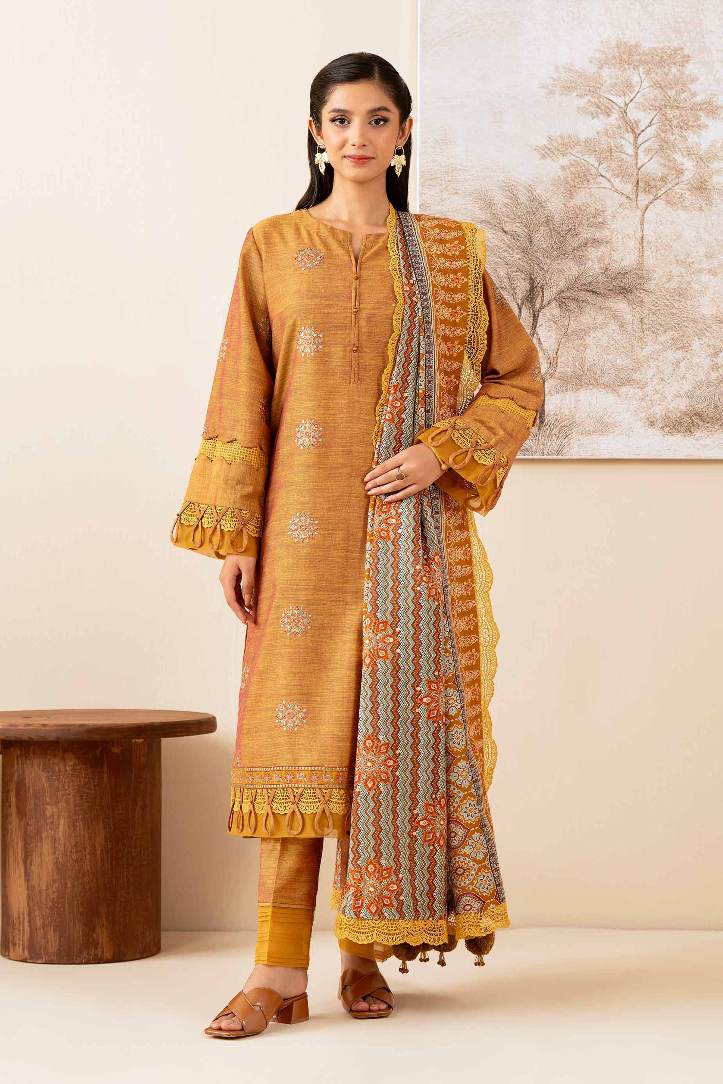 NISHATUAE - Mustard Embroidered Khaddar 3-piece Unstitched Suit