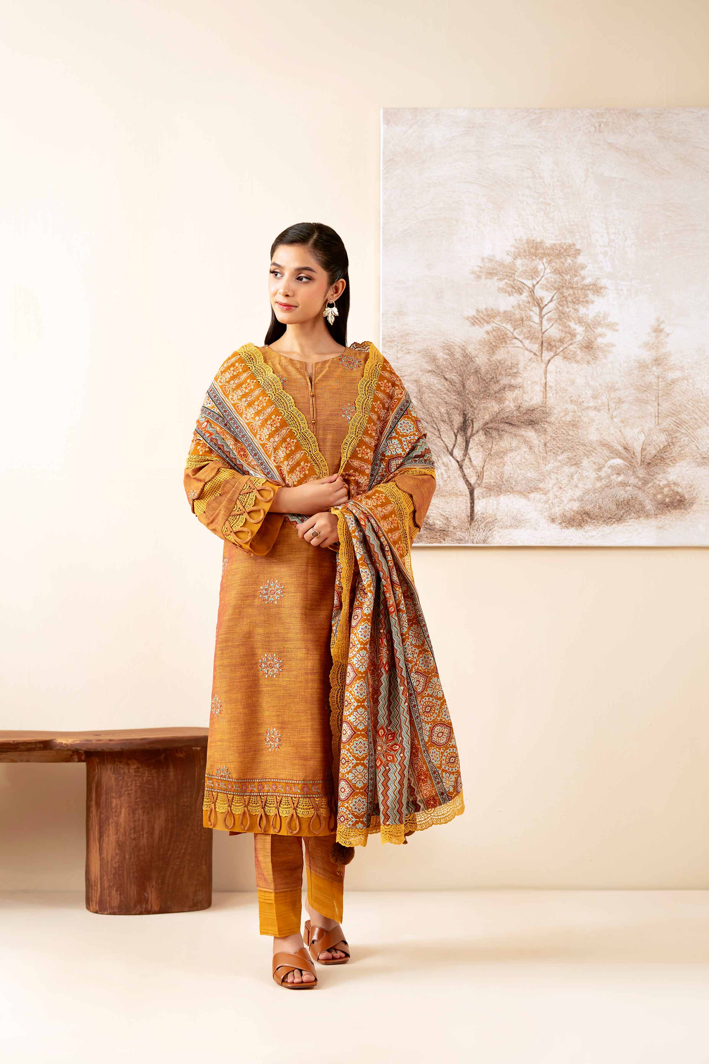 NISHATUAE - Mustard Embroidered Khaddar 3-piece Unstitched Suit