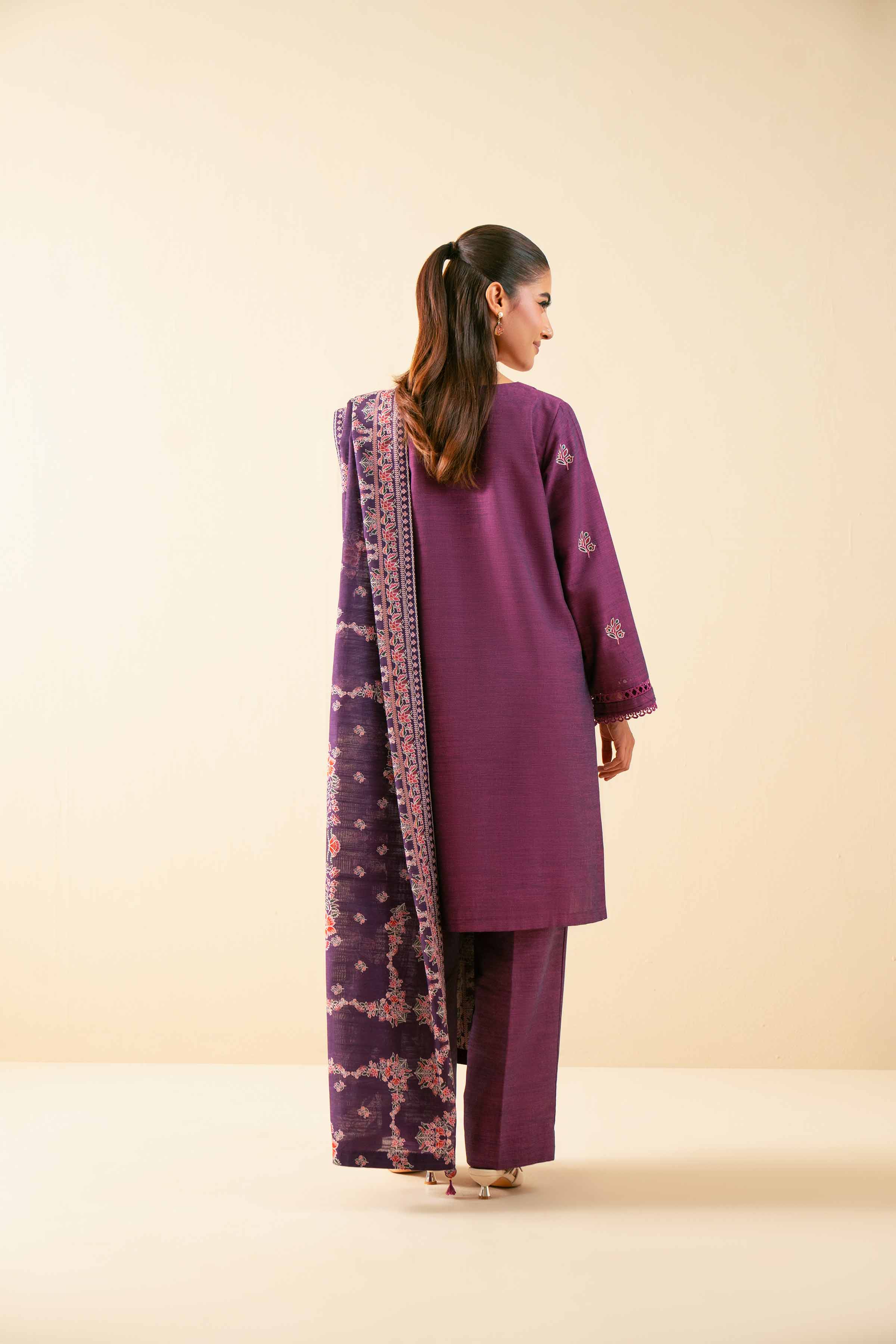 NISHATUAE - Pink Embroidered Khaddar 3-piece Unstitched Suit