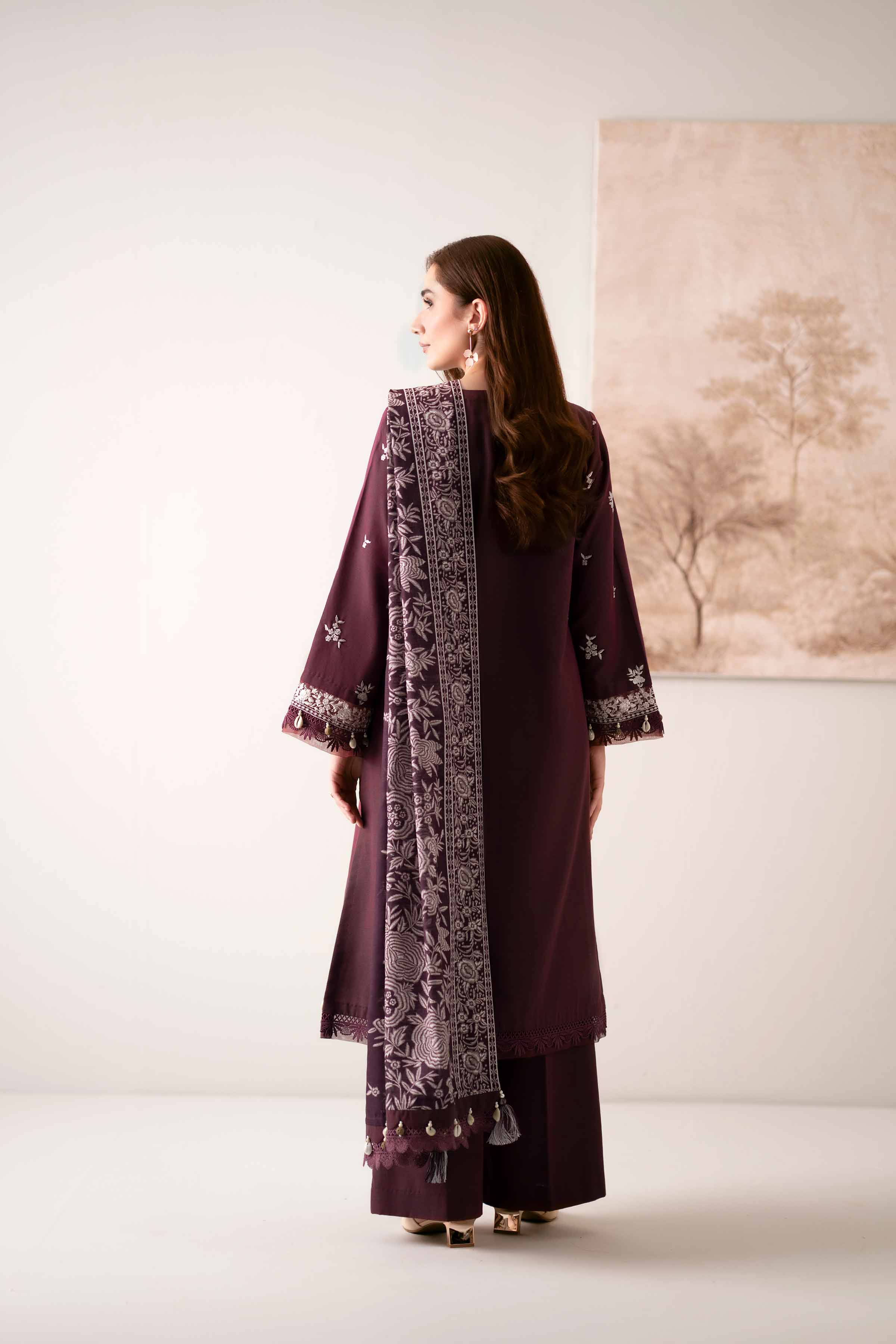 NISHATUAE - Maroon Embroidered Khaddar 3-piece Unstitched Suit