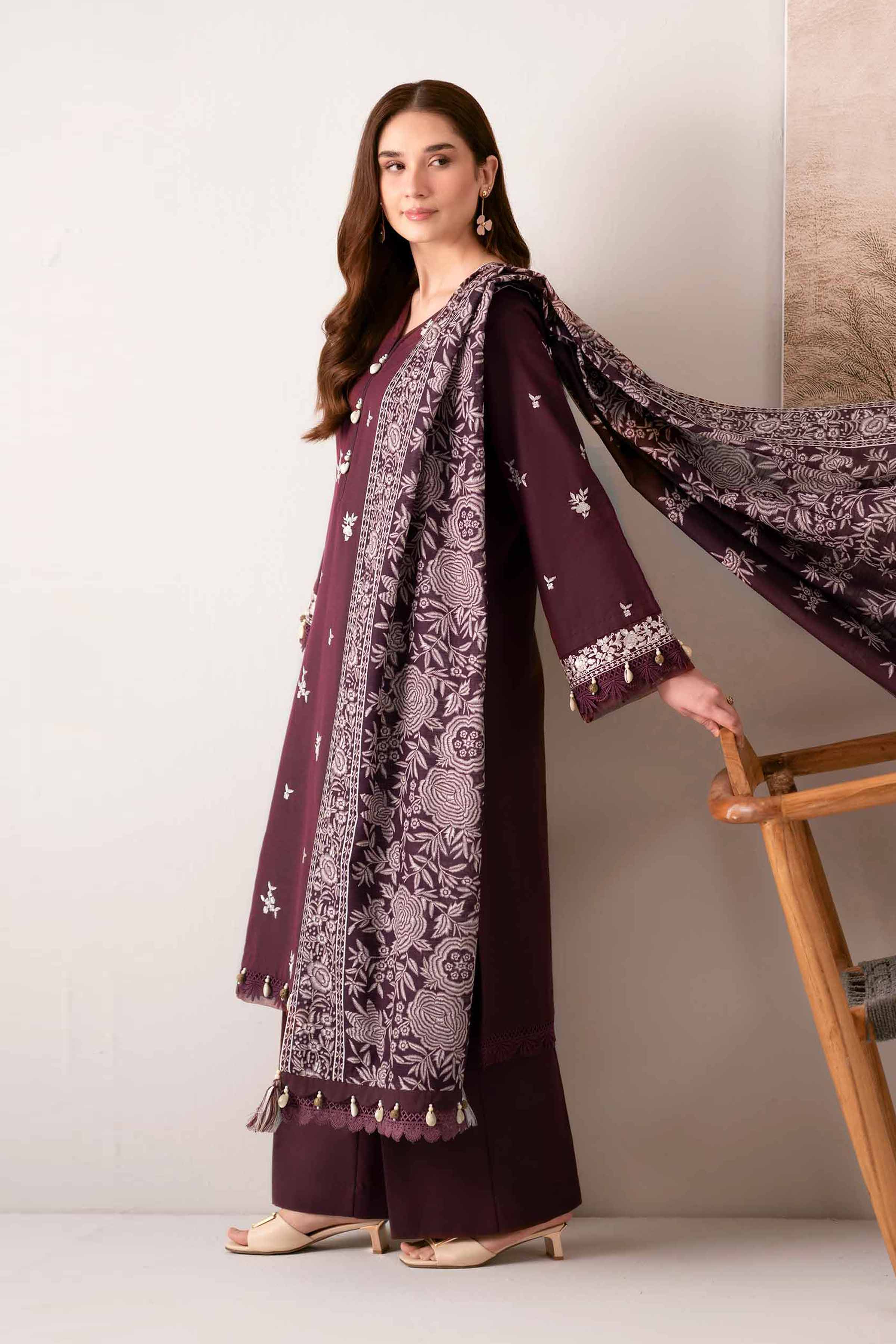 NISHATUAE - Maroon Embroidered Khaddar 3-piece Unstitched Suit