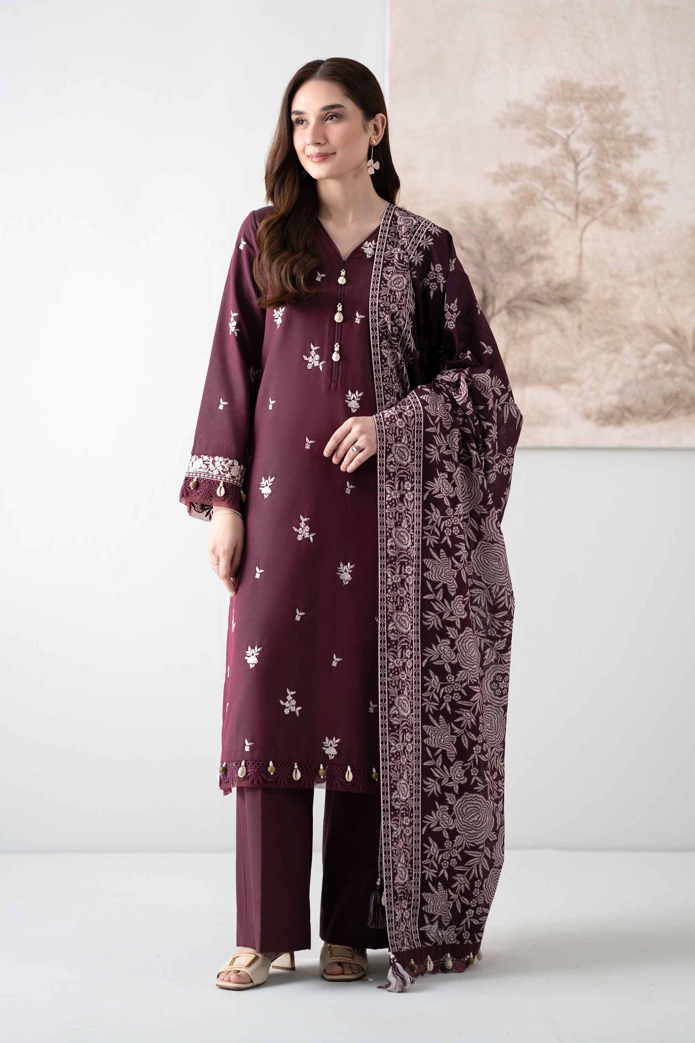 NISHATUAE - Maroon Embroidered Khaddar 3-piece Unstitched Suit