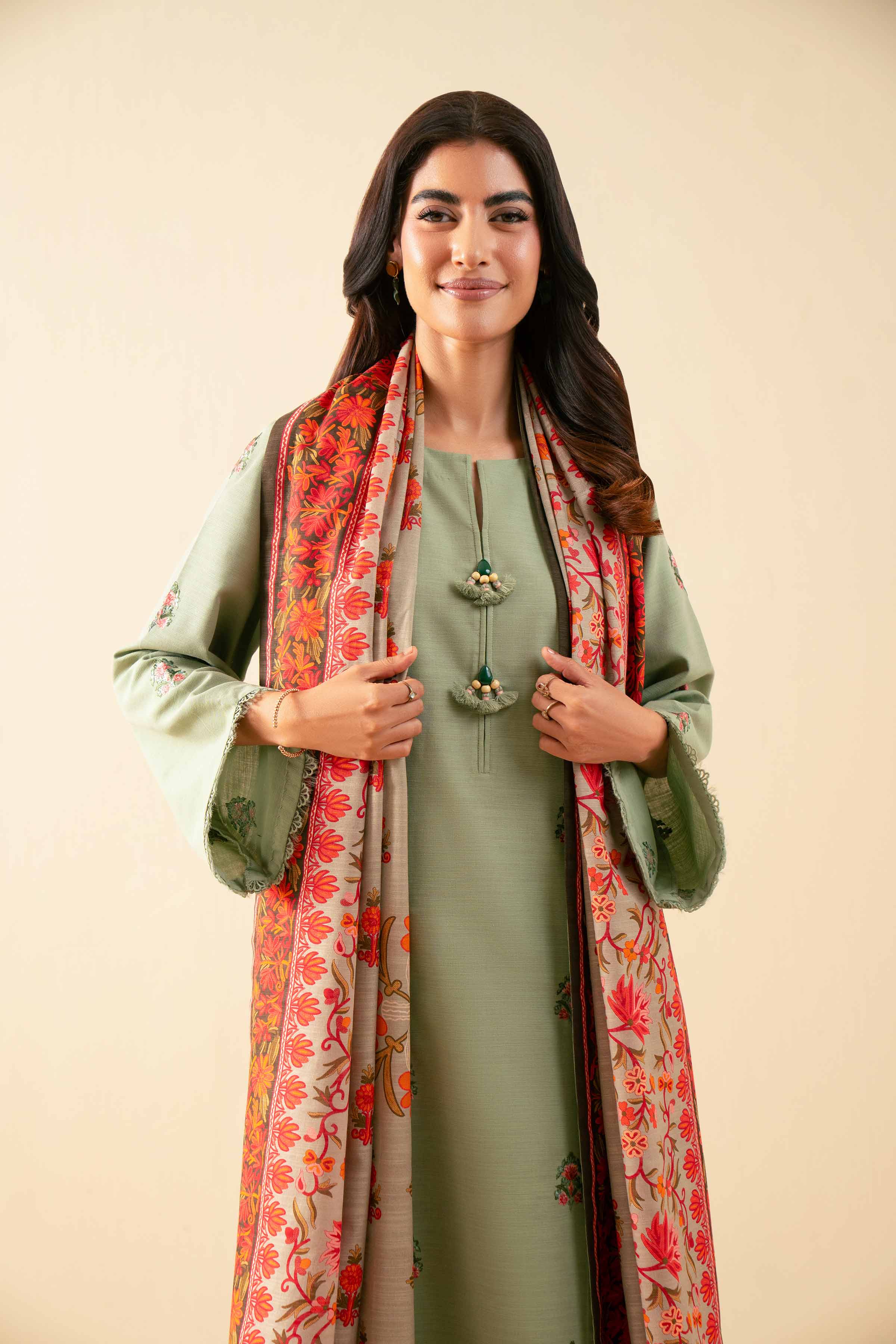 NISHATUAE - Green Embroidered Khaddar 3-piece Unstitched Suit